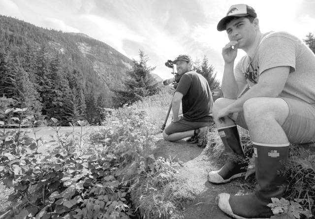 Colin Arisman and Connor Connor Gallagher work on “Rock, Paper, Fish” a movie about a proposed mining project in the Chilkat Valley near Haines and Klukwan. (Courtesy Photo | For “Rock, Paper, Fish”)