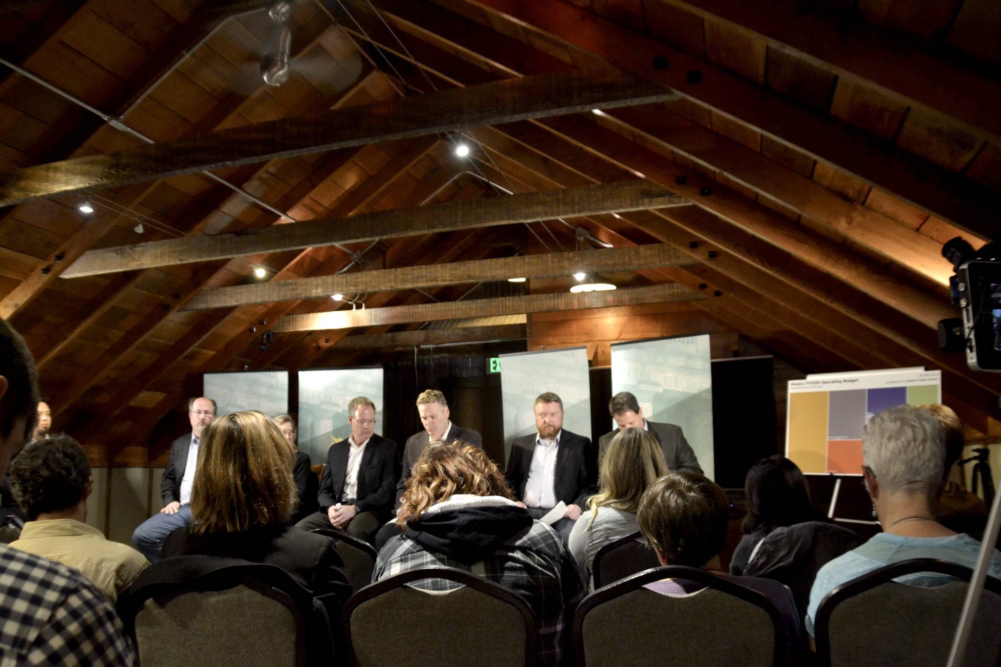 Gov. Mike Dunleavy and members of his administration answer questions about his proposed budget during a discussion panel at the Cannery Lodge in Kenai, Alaska, on March 25, 2019. (Photo by Victoria Petersen/Peninsula Clarion)