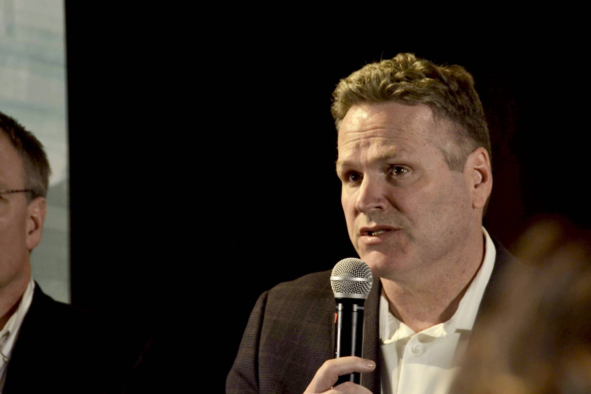 Gov. Mike Dunleavy gives a presentation about his proposed budget at the Cannery Lodge in Kenai, Alaska, on March 25, 2019. (Photo by Victoria Petersen/Peninsula Clarion)