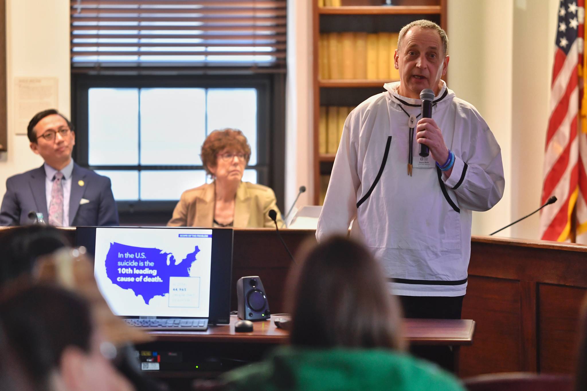 James Biela, lead field advocate the Alaska Chapter of the American Foundation for Suicide Prevention, speaks during an informational meeting at the Capitol on Tuesday, March 26, 2019. (Michael Penn | Juneau Empire)
