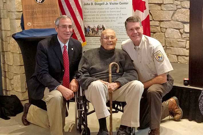 Former Congressman John Dingell Jr., who passed away last month, with Regional Director Tom Melius and John Hartig, former manager of the Detroit River International Wildlife Refuge, in 2017 (Photo by USFWS).