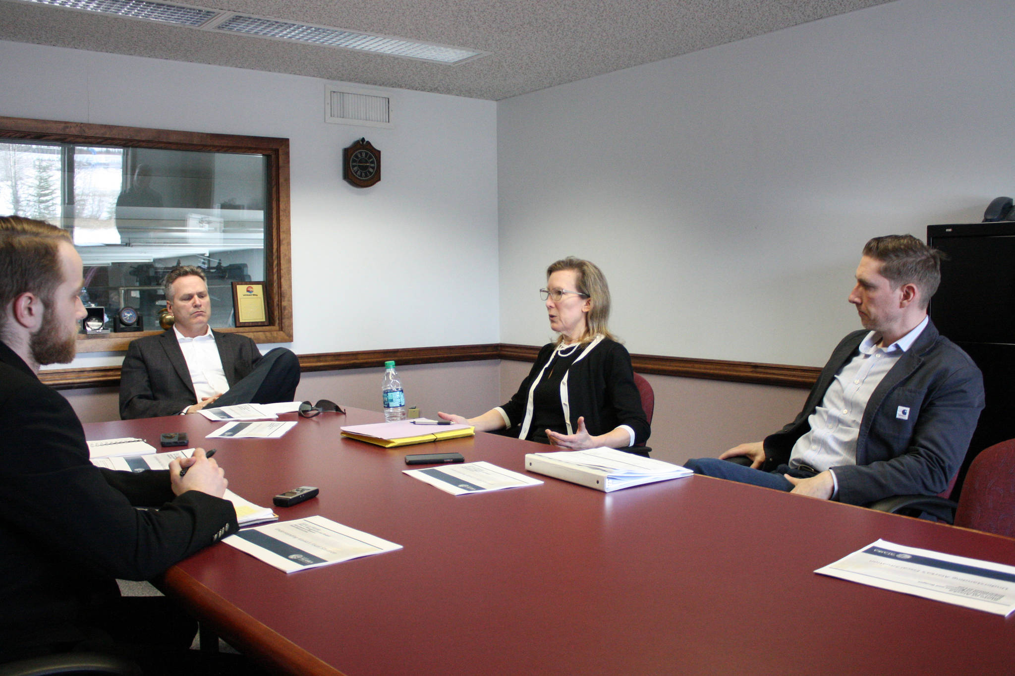 Office of Budget and Management Director Donna Arduin, right, weighs in on a discussion of the Kenai Peninsula and state economies during an interview with Gov. Mike Dunleavy on Monday, in Kenai.