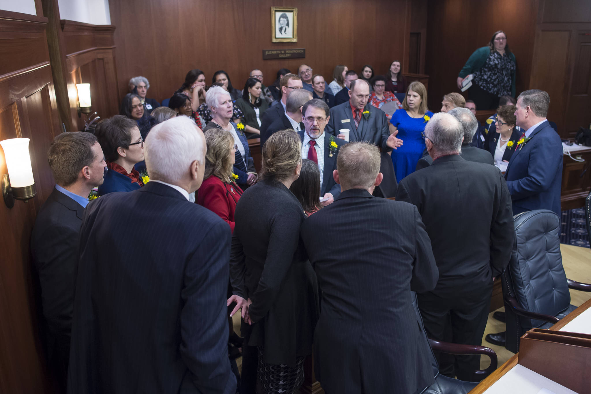 In this Jan. 15, 2019 photo, House Republicians huddle for a decision on the opening day of the 31st Session of the Alaska Legislature. (Michael Penn | Juneau Empire File)