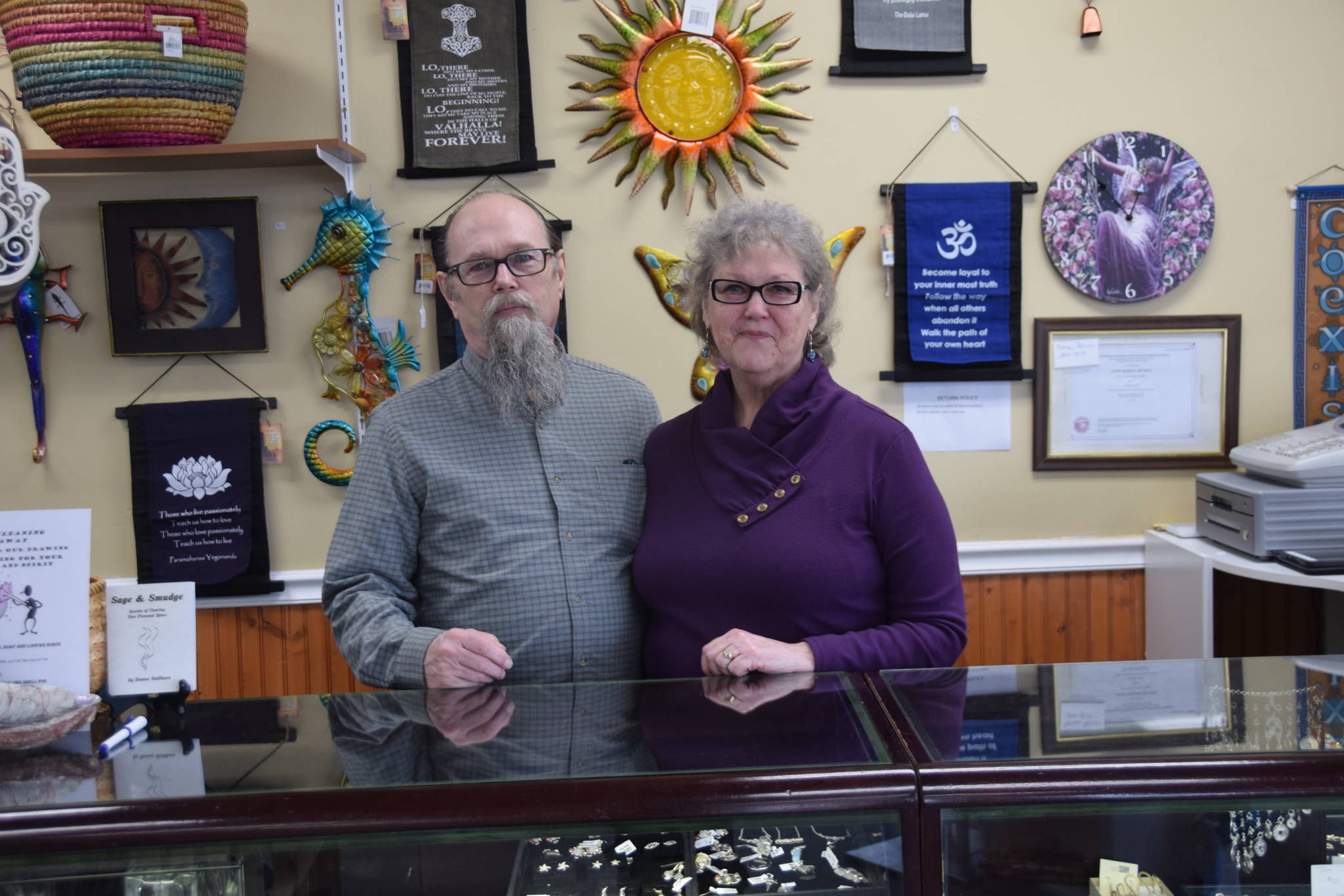 Tom and Glenna Hudson, the owners of Happy Buddha Imports, as seen on Saturday. (Photo by Brian Mazurek/Peninsula Clarion)