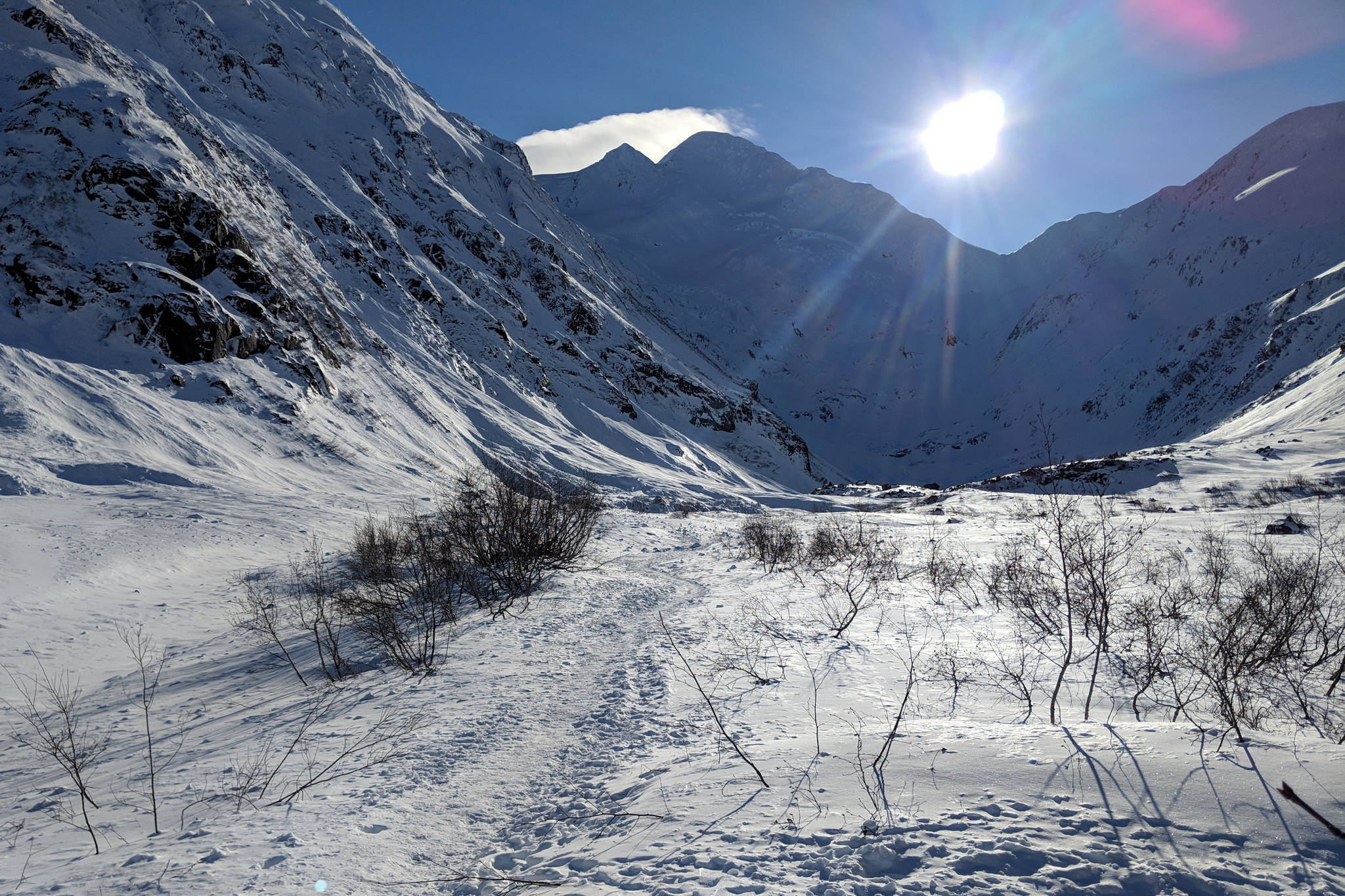Snow-covered mountains are photographed near Portage Glacier in Portage, Alaska, in March 2019. (Photo by Erin Thompson/Peninsula Clarion)