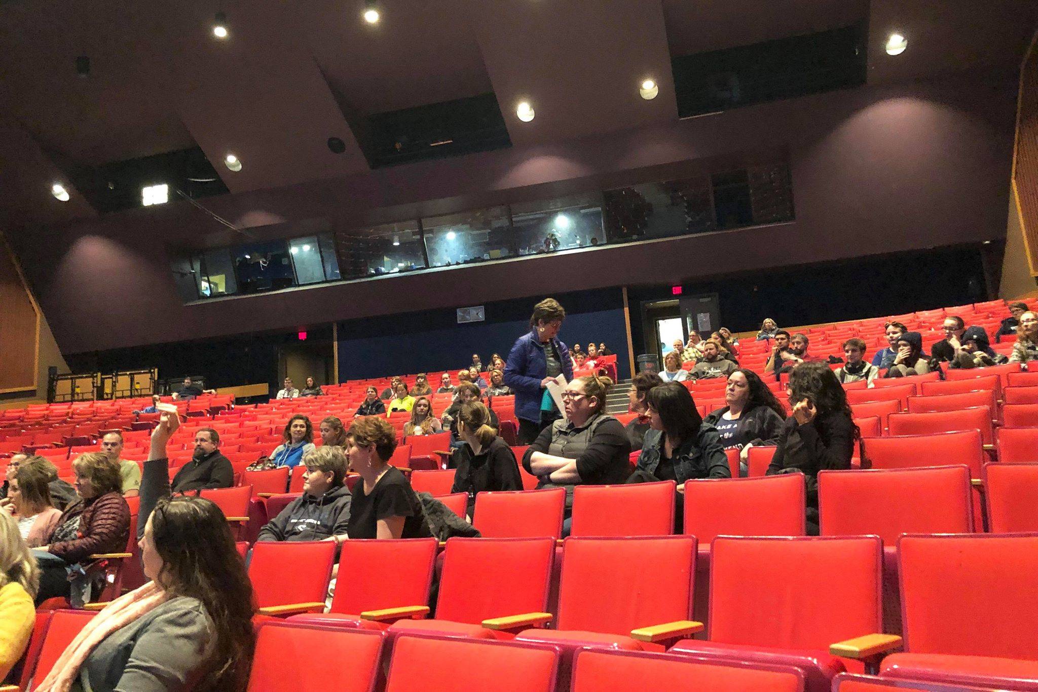 Community members, parents, staff and students concerned about the Kenai Peninsula Borough School District’s potential plan to consolidate Soldotna High School and Soldotna Prep School gather in the Soldotna High School Auditorium to get more information about how that consolidation would affect them, Thursday, April 11, 2019, in Soldotna, Alaska. (Photo by Victoria Petersen/Peninsula Clarion)