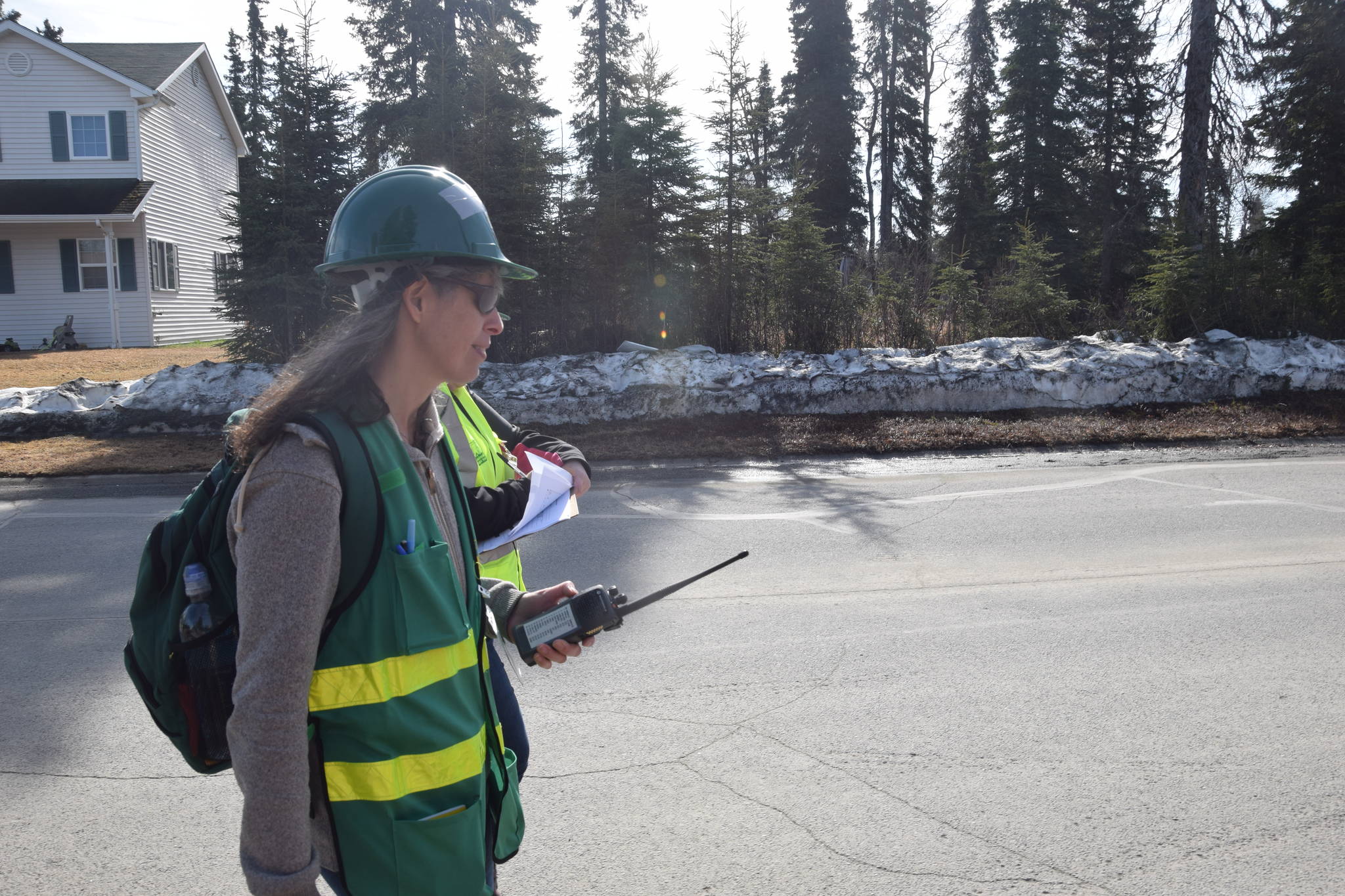CERT volunteers go door-to-door while simulating a neighborhood evacuation in Kenai, Alaska during OEM’s Alaska Shield 2019 program on Saturday, April 13, 2019. (Photo by Brian Mazurek/Peninsula Clarion)