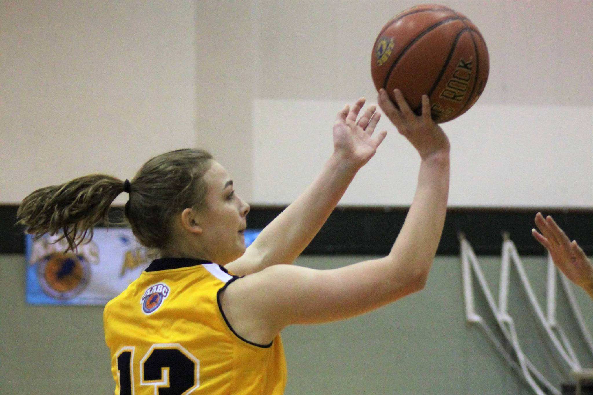 Nikiski’s Bethany Carstens shoots in the Alaska Association of Basketball Coaches Senior All-Star Games on Saturday, April 13, 2019, at Wells Fargo Arena in Anchorage, Alaska. (Photo by Tim Rockey/Frontiersman.com)