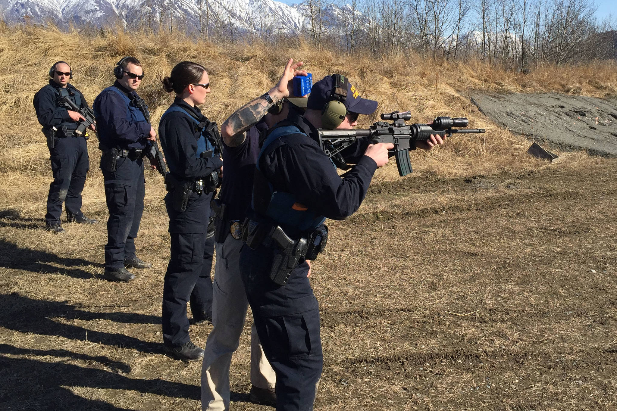 State and Wildlife Troopers participate in tactical training at the Palmer PD Range in Palmer, Alaska on Monday, April 1, 2019 as part of a week-long training on sexual assault and domestic violence. (Photo courtesy of Megan Peters/Department of Public Safety)