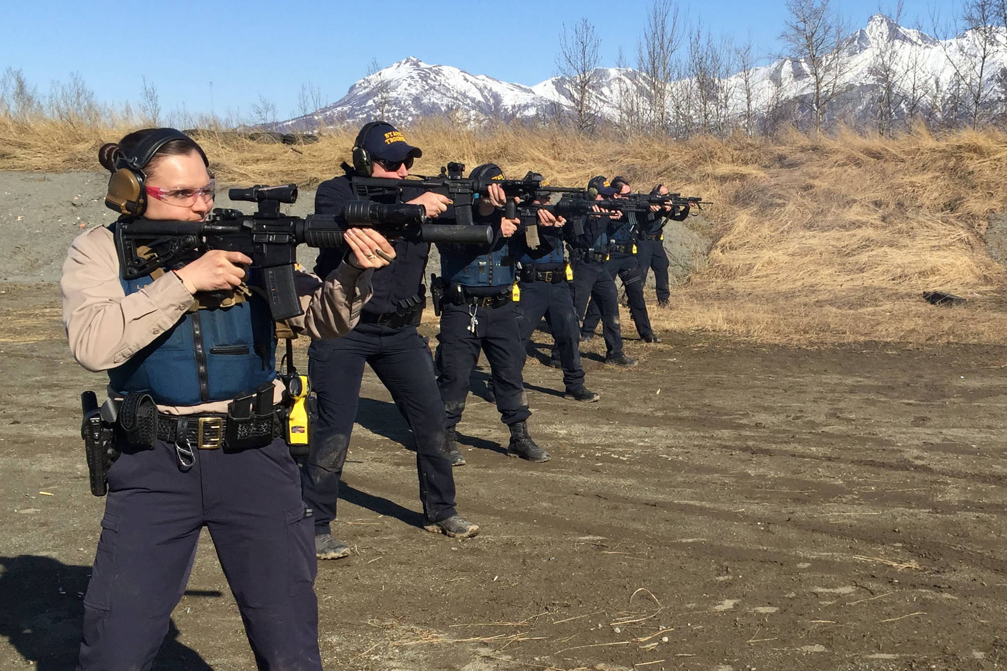 State and Wildlife Troopers participate in tactical training at the Palmer PD Range in Palmer, Alaska on Monday, April 1, 2019 as part of a week-long training on sexual assault and domestic violence. (Photo courtesy of Megan Peters/Department of Public Safety)