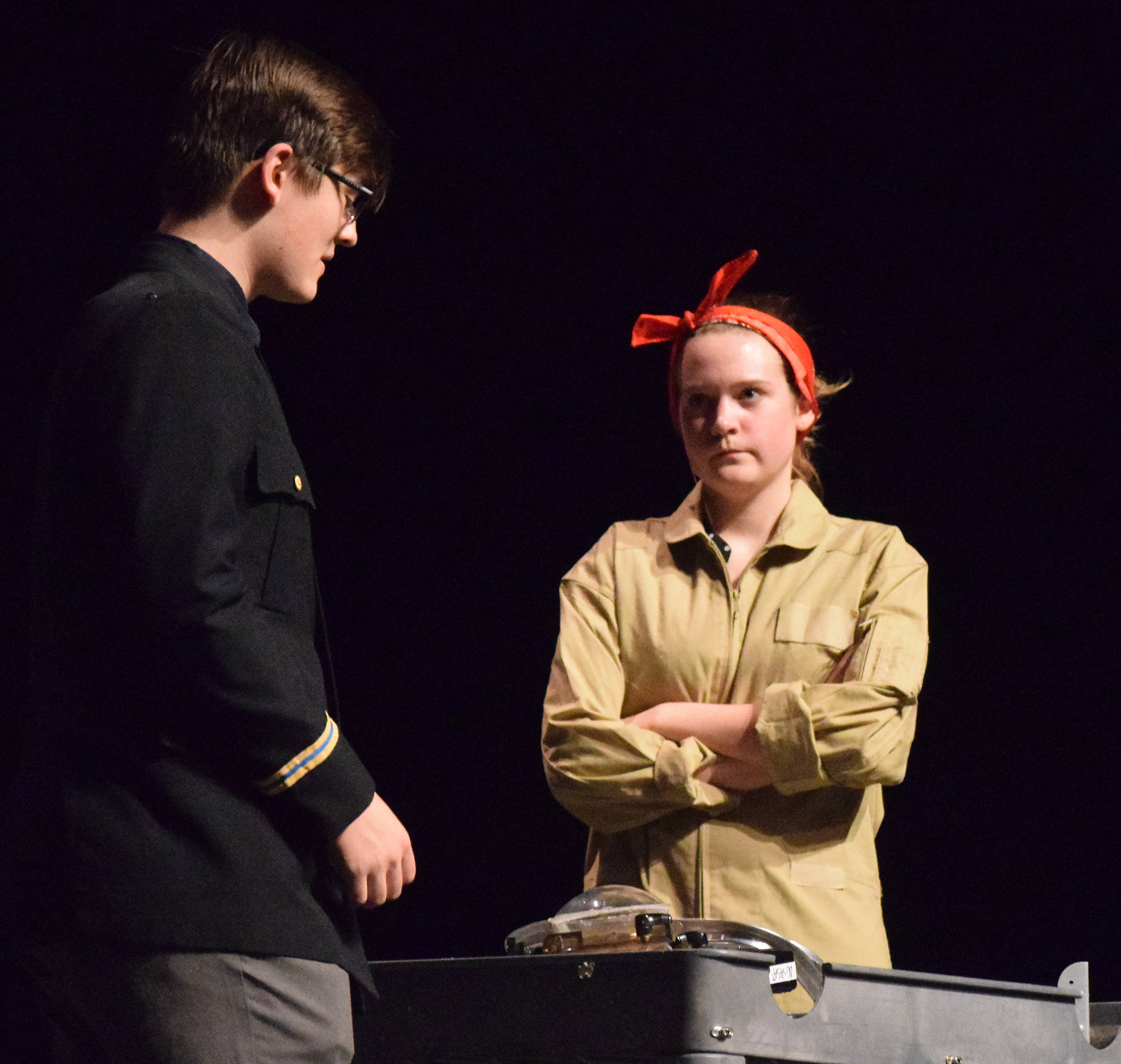 Katie Schwartz (right) trades lines with Jaron Swanson during rehearsal for “Rosie” Tuesday, at Soldotna High School. (Photo by Joey Klecka/Peninsula Clarion)