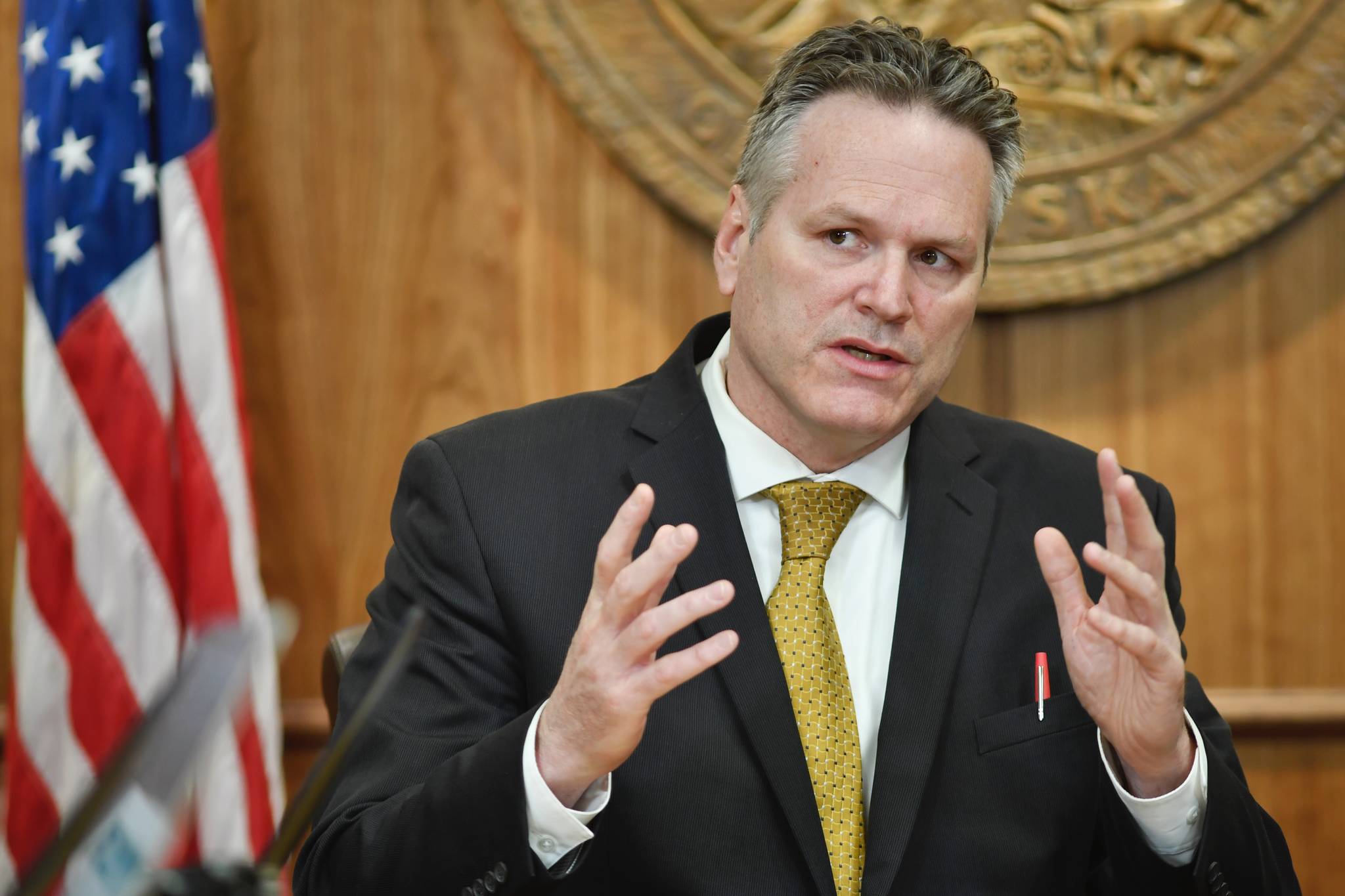 Gov. Mike Dunleavy speaks during a press conference at the Capitol on Tuesday, April 9, 2019. (Michael Penn | Juneau Empire)