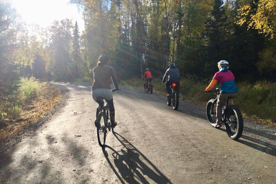 Bicyclists participate in a Full Moon Bike Ride in Swiftwater Park in Soldotna, Alaska on Sep. 24, 2018. (Photo courtesy of Jenn Tabor/BiKS)
