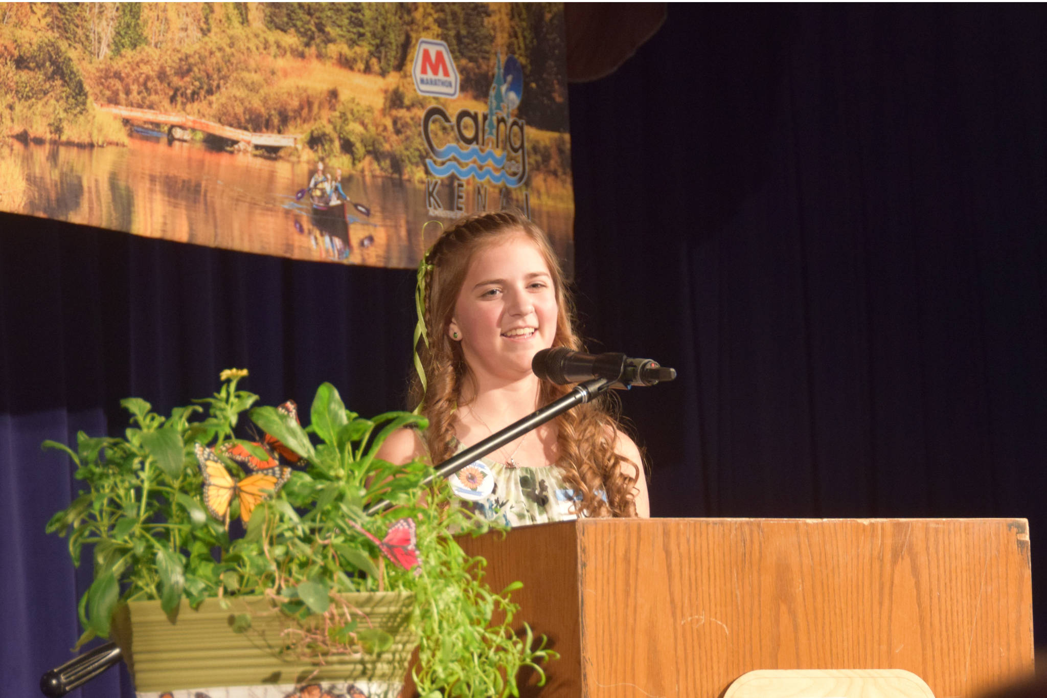 Connections home school student and 3rd-place winner Anna DeVold presents her project to the judges during the Caring for the Kenai Contest at Kenai Central High School in Alaska on Thursday, April 18, 2019. (Photo by Brian Mazurek/Peninsula Clarion)