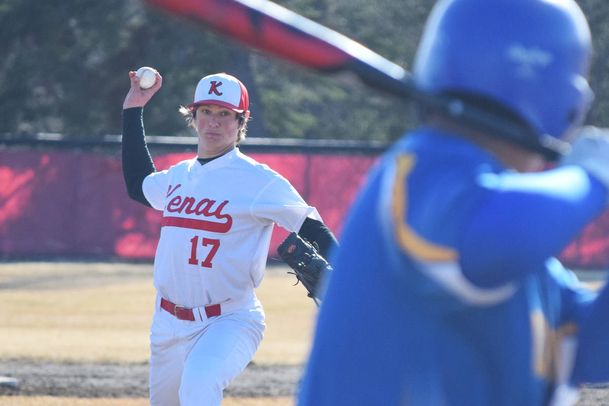 Kenai’s Caleb Smith offers up a pitch to a Kodiak batter May 4, 2018, at the Kenai Little League fields. Smith is one of Kenai Central’s returning arms in 2019. (Photo by Joey Klecka/Peninsula Clarion)