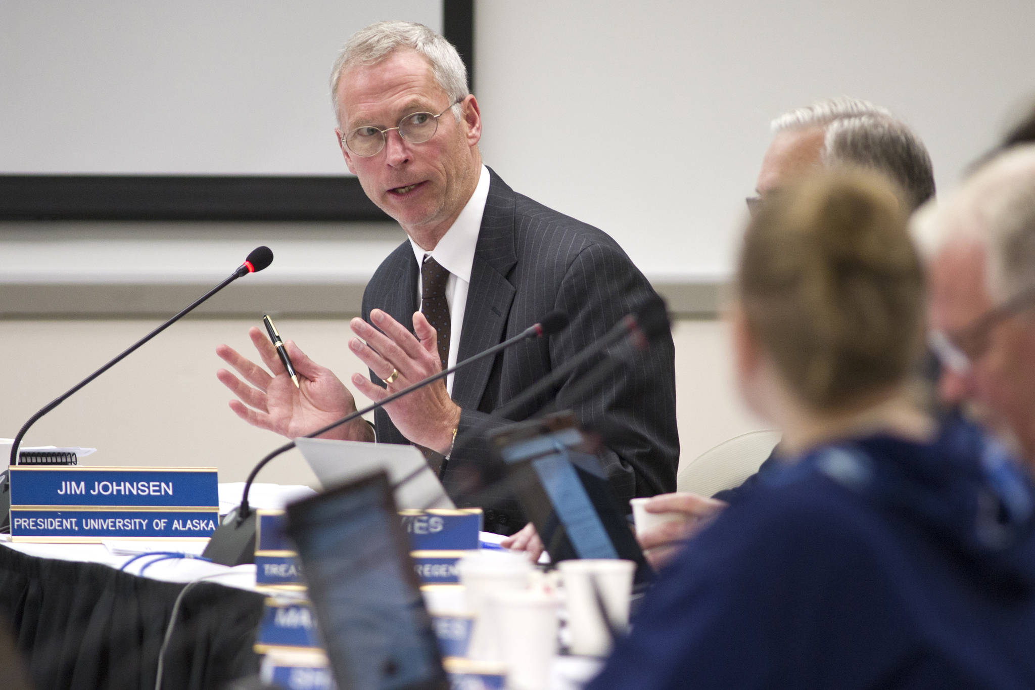 In this Sept. 15, 2016 photo, University of Alaska President Jim Johnsen speaks during a presentation to the university’s Board of Regents at the University of Alaska Southeast Recreation Center. (Michael Penn | Juneau Empire File)