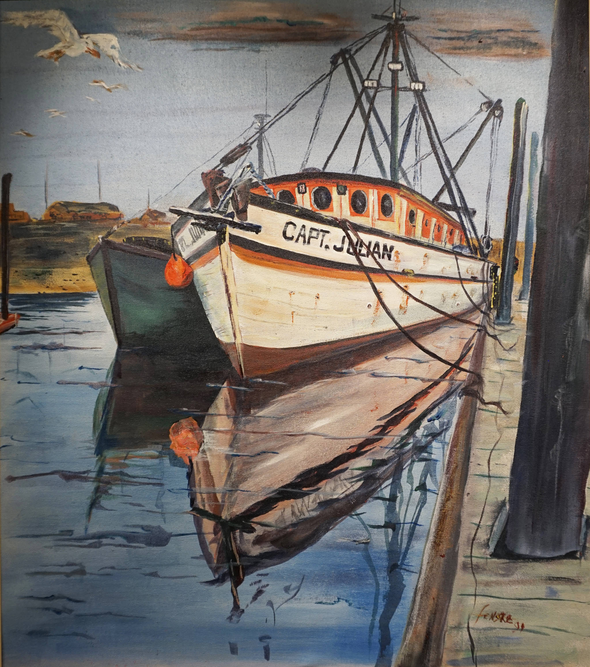 “Capt. Julian,” one of John Fenske’s paintings at the First Friday, April 5, 2019, opening for his retrospective showing at Kachemak Bay Campus in Homer, Alaska. (Photo by Michael Armstrong/Homer News)
