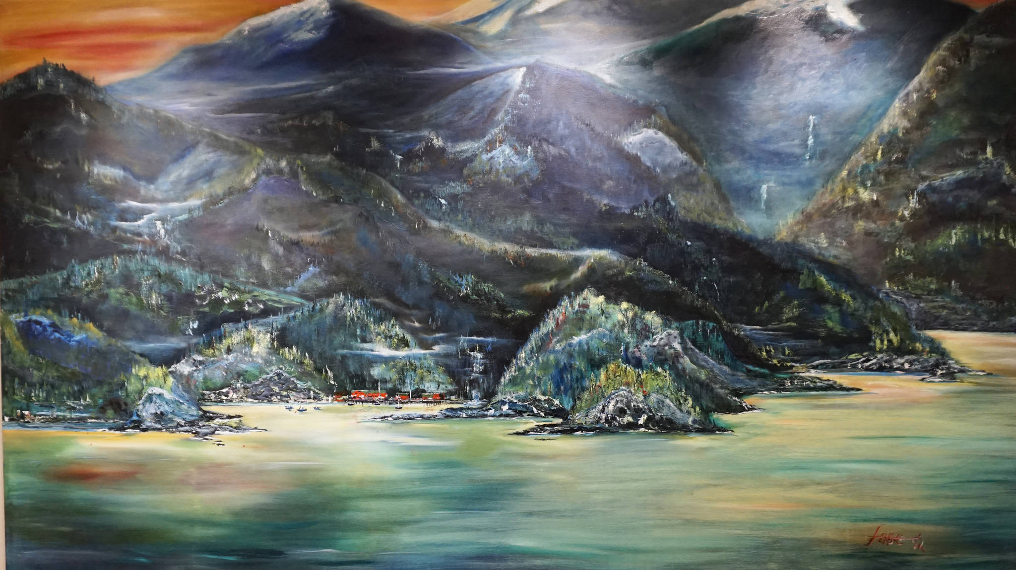 One of John Fenske’s paintings at the First Friday, April 5, 2019, opening for his retrospective showing at Kachemak Bay Campus in Homer, Alaska. (Photo by Michael Armstrong/Homer News)