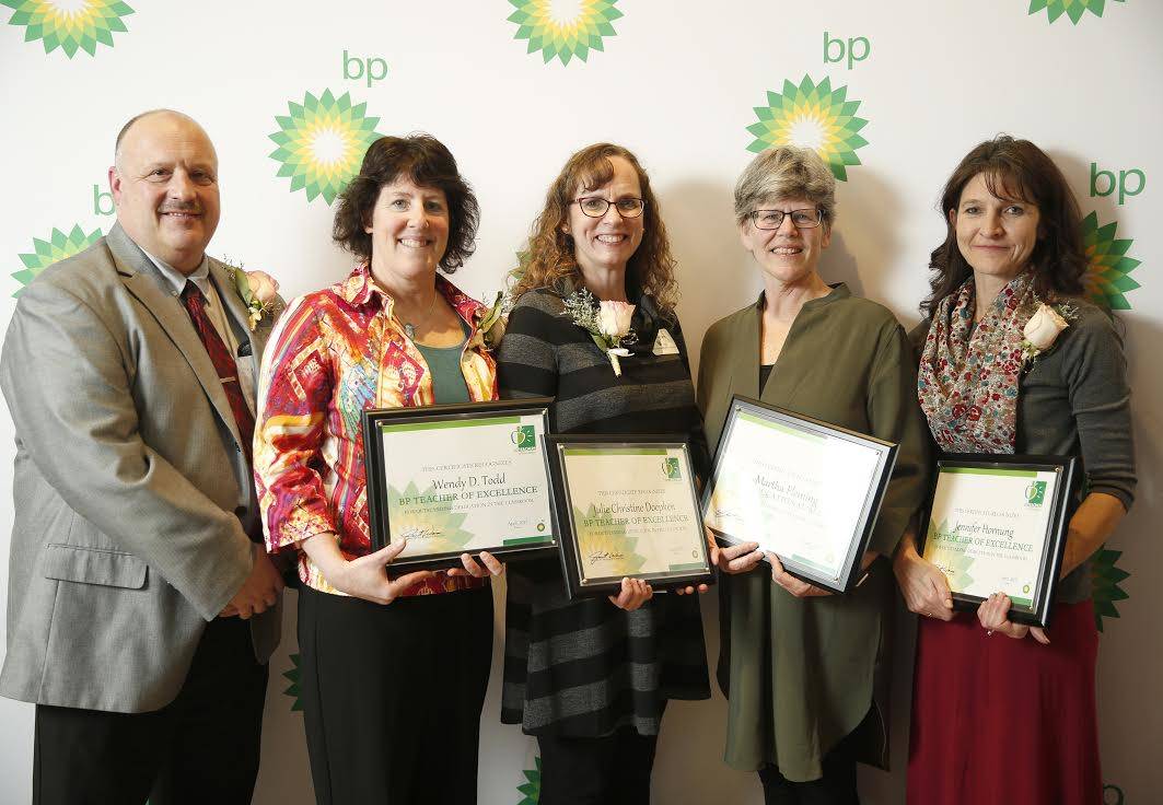 Kenai Peninsula Borough School District Superintendent Sean Dusek stands next to BP Teachers of Excellence honorees, Wendy Todd, a teacher at Paul Banks Elementary in Homer, Julie Doepken, a teacher at William H. Seward High School in Seward, Martha Fleming of Seward High School and Jennifer Hornung, a teacher at Nikiski Middle/High School at the BP Teachers of Excellence reception in Anchorage, Alaska on Wednesday, April 24, 2019. (Photo courtsey of BP Teachers of Excellence.)