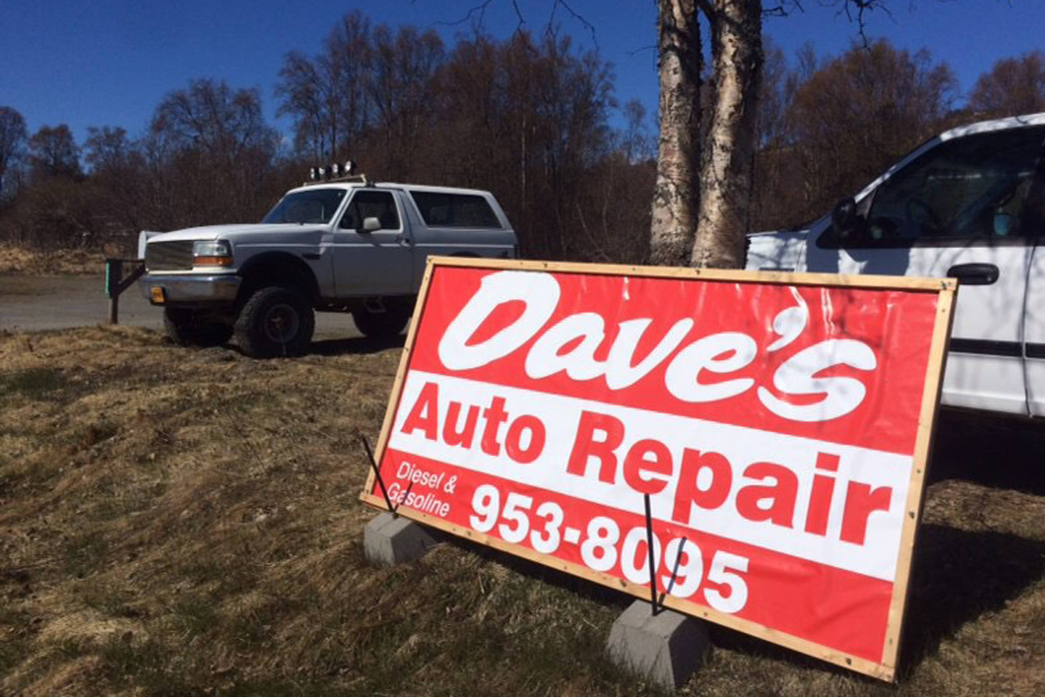 Dave’s Auto Repair, shown here on Friday, April 26, 2019 just outside Homer, Alaska, was targeted with racist vandalism. Owner Dave Johnson discovered the vandalism Friday morning. (Photo courtesy Dave Johnson)