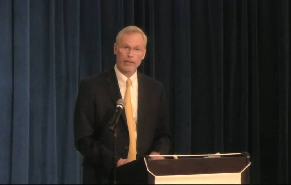 University of Alaska President Jim Johnsen gives his State of the University speech. (Screenshot)