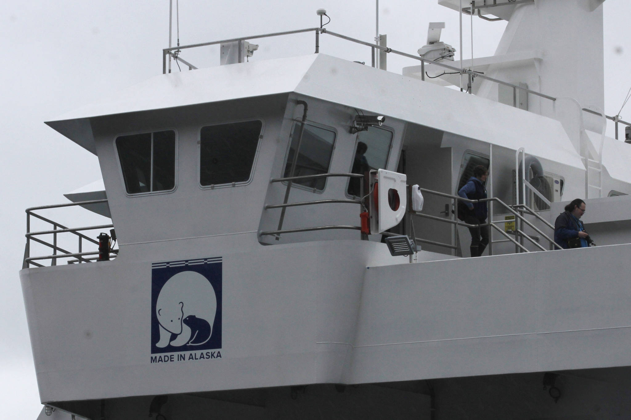 A “Made in Alaska” sticker is pictured on the side of the new ferry Tazlina, which was all constructed in Alaska, on Sunday, May 5, 2019. (Alex McCarthy | Juneau Empire)