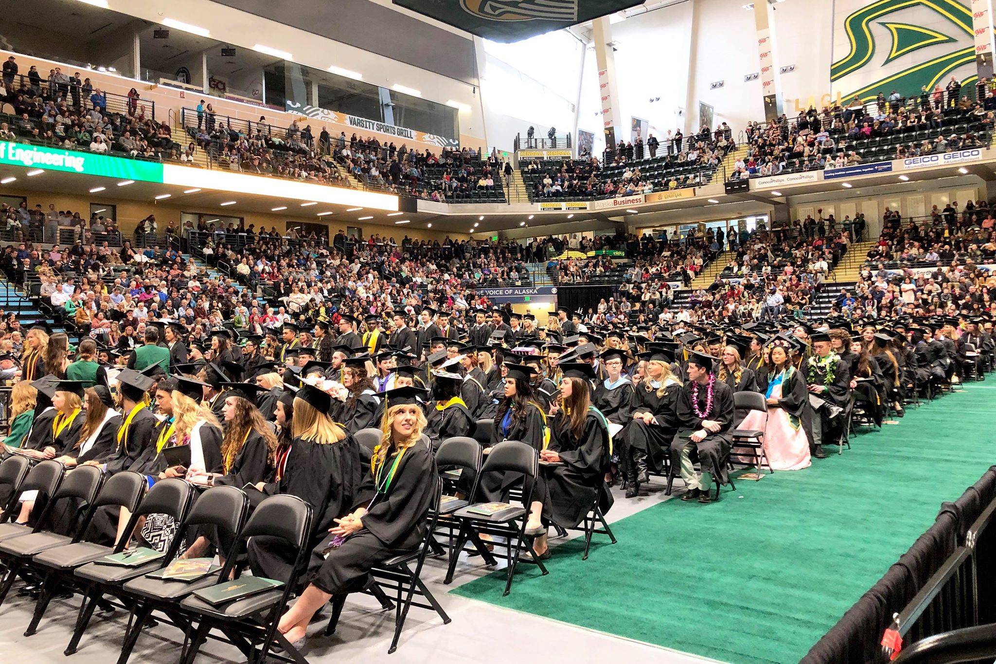Students wait to graduate at the University of Alaska Anchorage’s spring commencenet ceremony on Sunday, May 5, 2019, in Anchorage, Alaska. (Photo by Victoria Petersen/Peninsula Clarion)