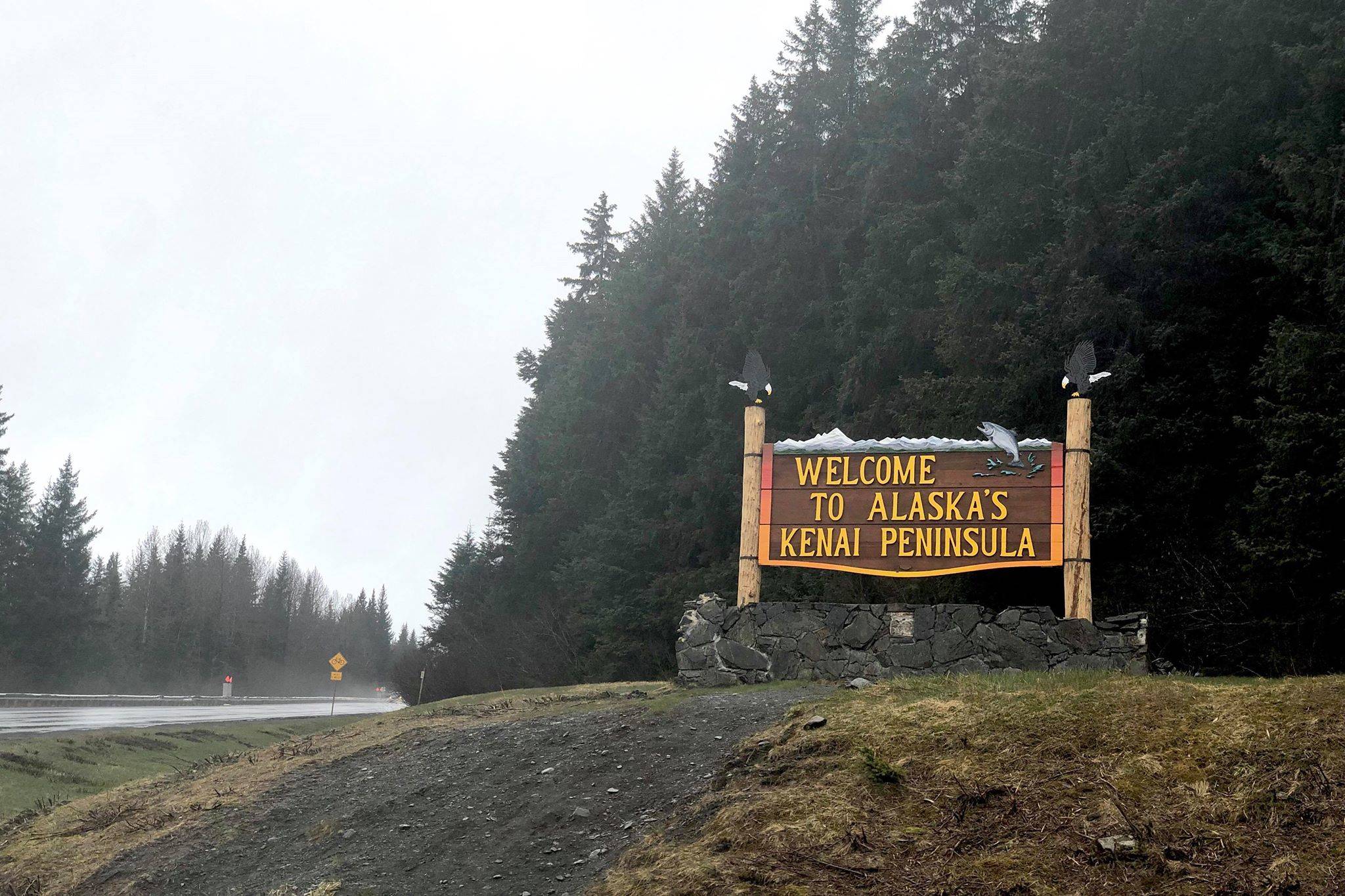 The borough’s welcome sign is back on the road and ready to greet drivers as they enter the Kenai Peninsula on Milepost 75 of the Seward Highway, on Sunday, May 5, 2019, near Turnagain Pass, Alaska. (Photo by Victoria Petersen/Peninsula Clarion)