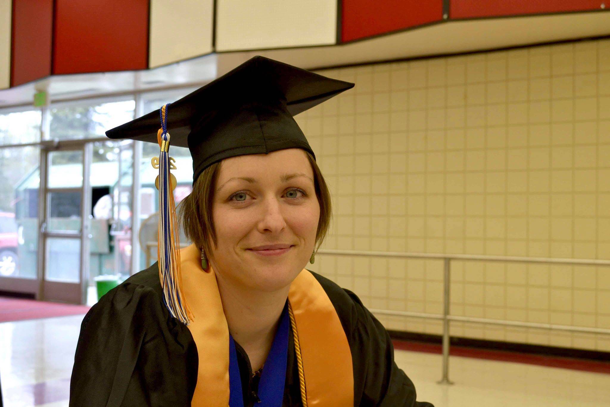Kenai Peninsula College’s Kenai River Campus graduate and valedictorian Arian Jasmin gets ready to walk the stage and receive her associate’s of arts degree on Thursday, May 9, 2019, at Kenai Central High School in Kenai, Alaska. (Photo by Victoria Petersen/Peninsula Clarion)