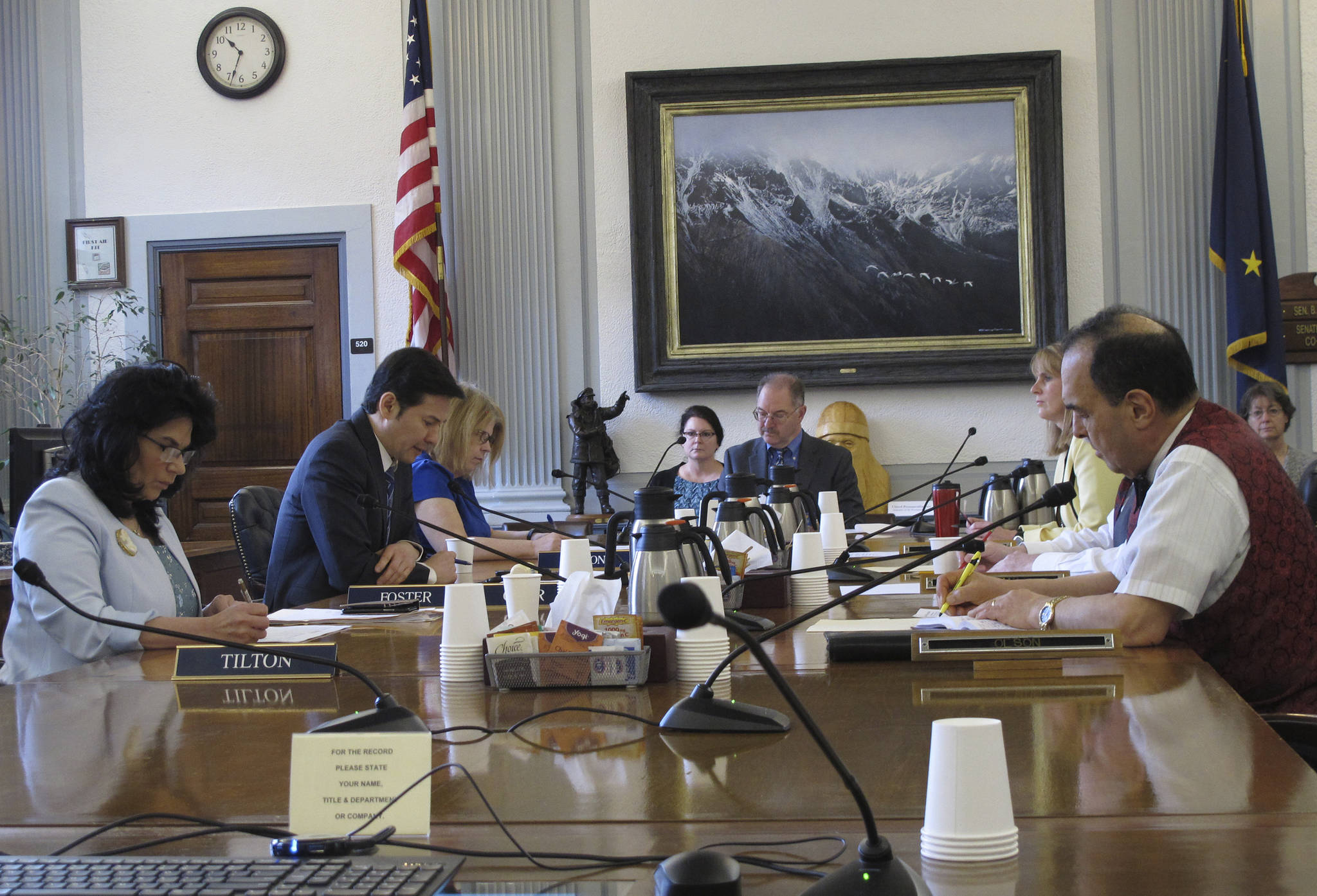Alaska House and Senate negotiators meet for a conference committee on the state operating budget on Monday, in Juneau. The Legislature is trying to finish its work with a deadline for doing so looming. (AP Photo/Becky Bohrer)