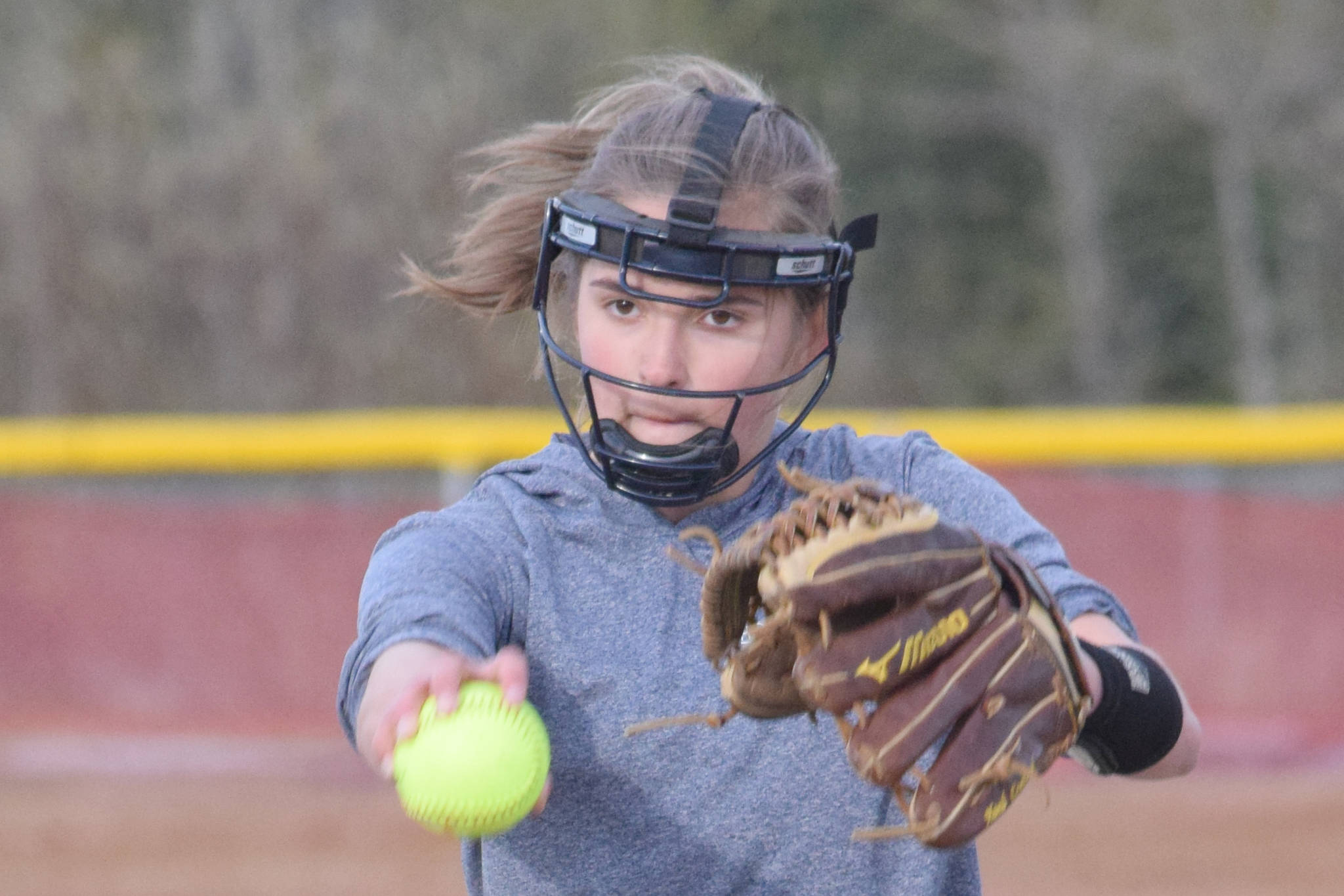 Homer pitcher Annalynn Brown delivers to Kenai Central on Monday, May 13, 2019, at Steve Shearer Memorial Ball Park in Kenai, Alaska. (Photo by Jeff Helminiak/Peninsula Clarion)