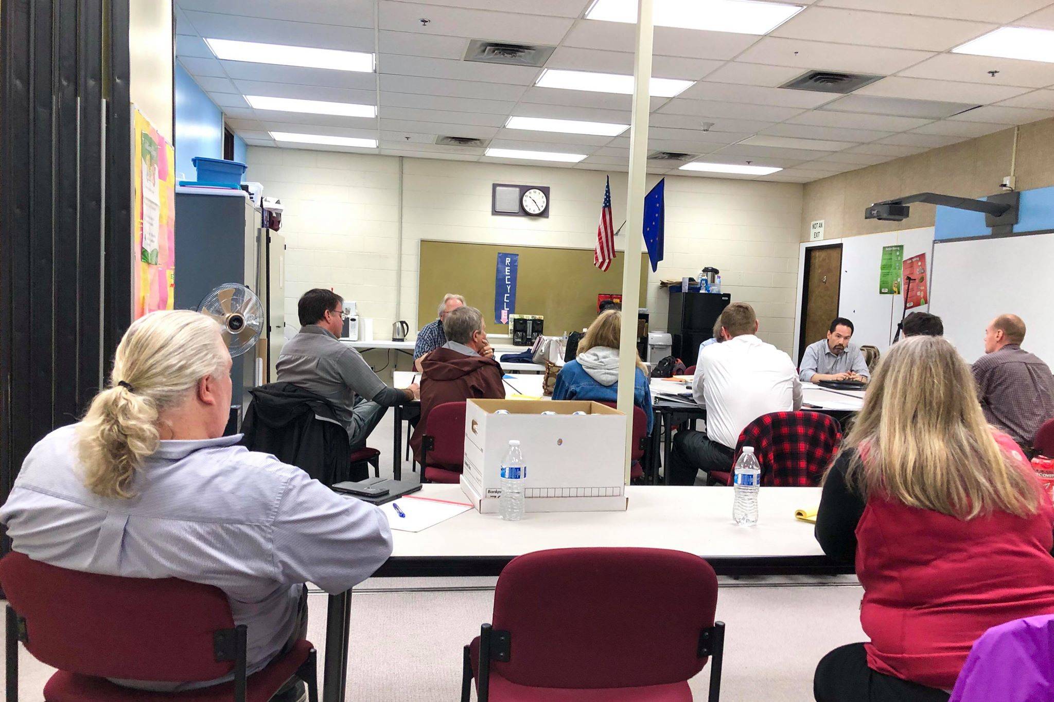 Kenai Peninsula Borough School District administration, members from the Kenai Peninsula Education Association and the Kenai Peninsula Education Support Association meet at a collective bargaining session to continue contract negotiations for employees who have been without contracts for a year, on Wednesday, May 8, 2019, in Soldotna, Alaska. (Photo by Victoria Petersen/Peninsula Clarion)