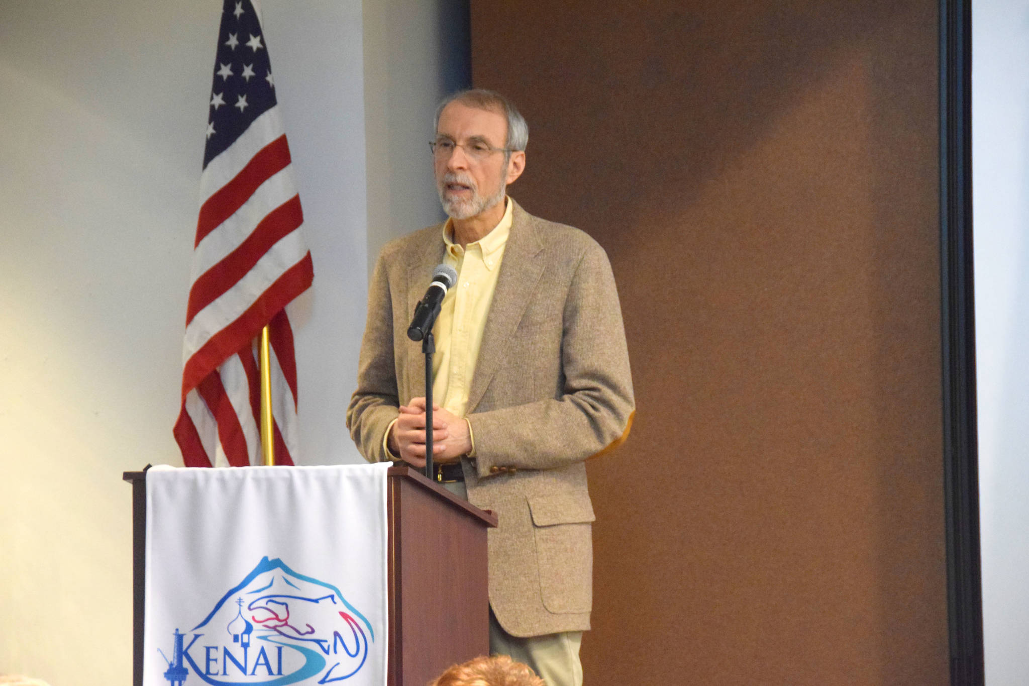 Larry Persily gives a presentation at the Kenai/Soldotna joint chamber luncheon on Wednesday, Feb. 6, 2019. (Photo by Brian Mazurek/Peninsula Clarion)