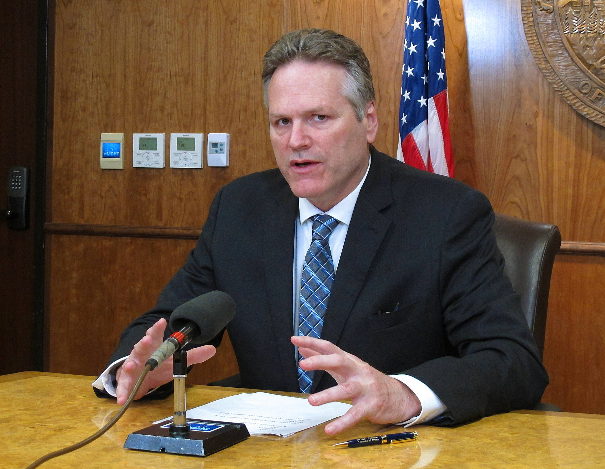 Alaska Gov. Mike Dunleavy speaks to reporters about his expectations for the end of the legislative session on Wednesday, May 15, 2019, Juneau, Alaska. Wednesday marked a constitutional deadline for the end of the regular session. (AP Photo/Becky Bohrer)