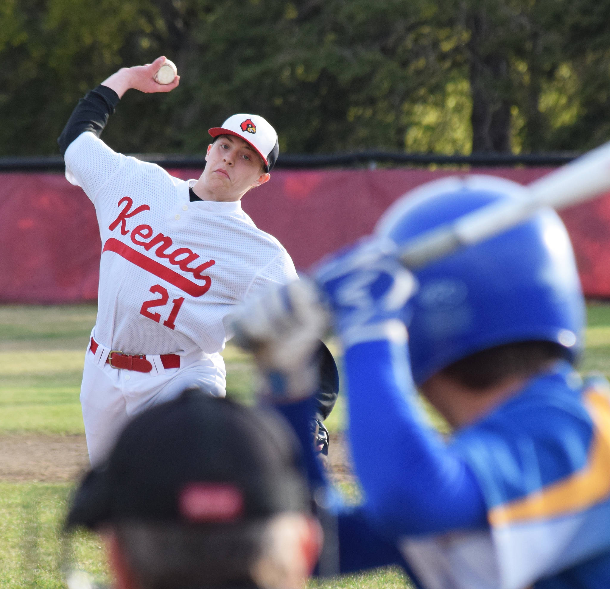 Kenai’s Parker Mattox unleashes a pitch against a Kodiak batter Thursday, May 16, 2019, at the Kenai Little League Fields in Kenai, Alaska. (Photo by Joey Klecka/Peninsula Clarion)