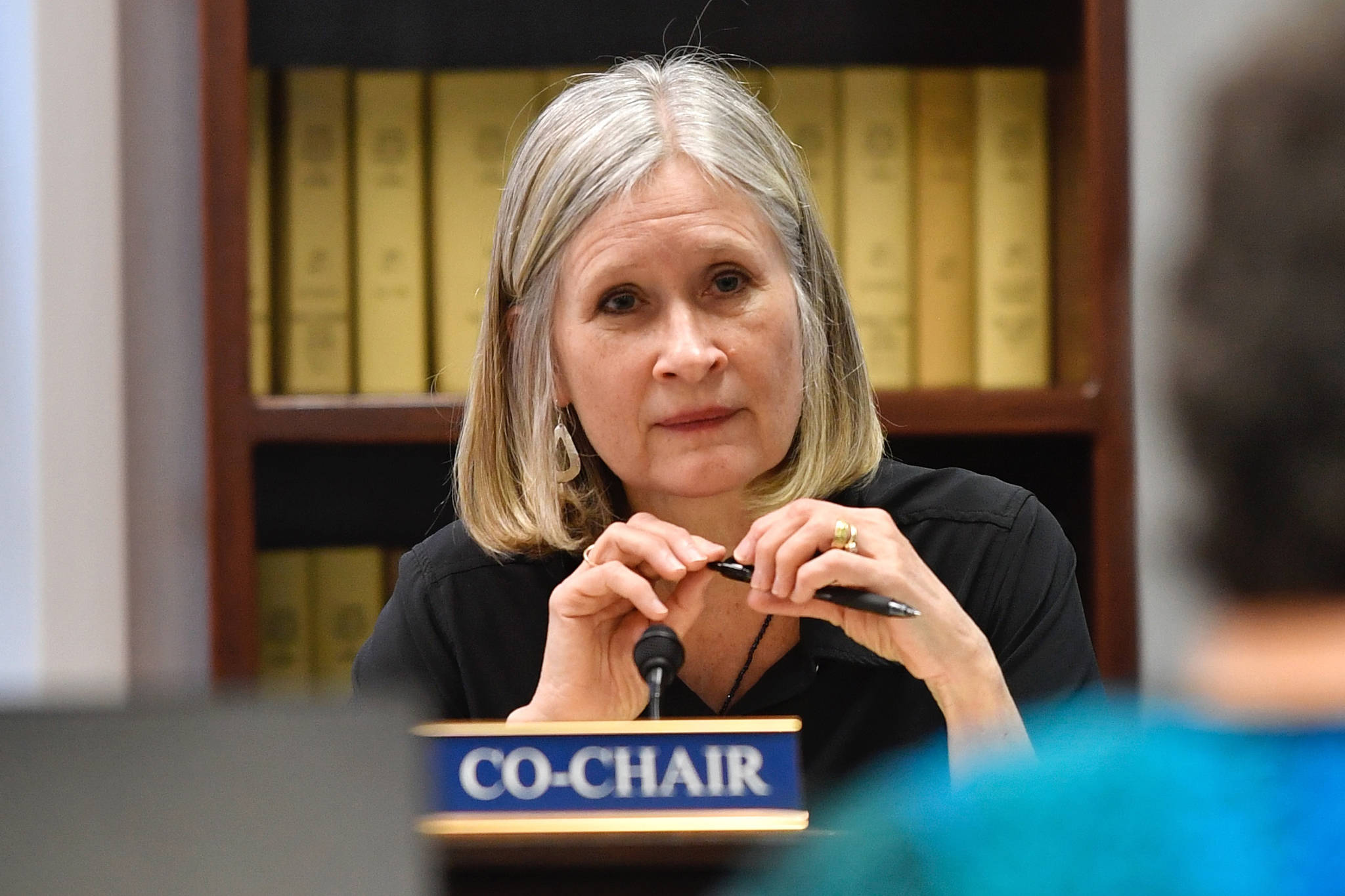 Rep. Andi Story, D-Juneau, listens to Patience Frederiksen, State Librarian and Head of Library Developement, during a hearing for House Bill 75 on increasing school internet speed at a House Education Committee meeting on Monday, April 1, 2019. (Michael Penn | Juneau Empire File)