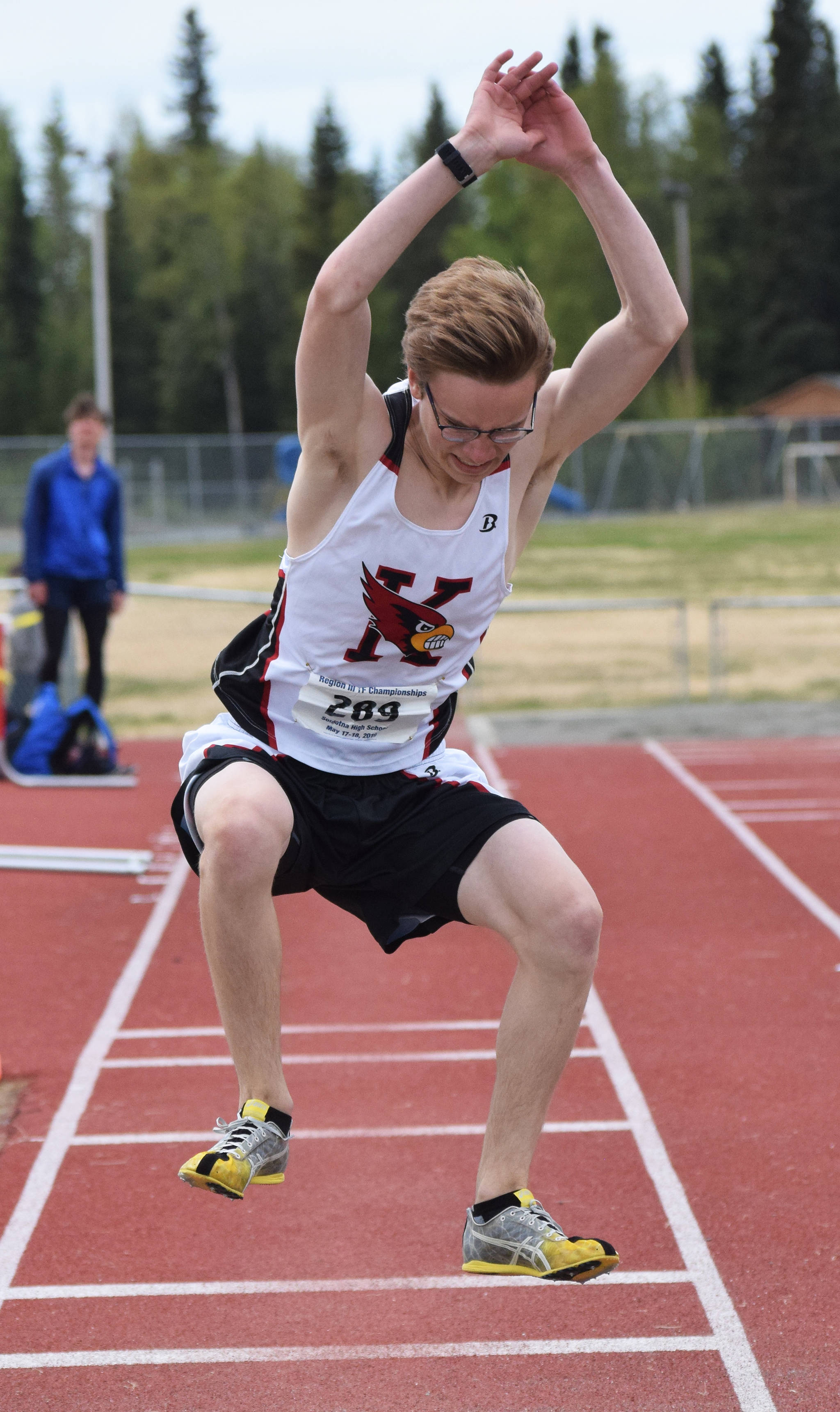 Kenai’s Tyler Hippchen competes in the Class 3A boys triple jump final Saturday, May 18, 2019, at the Region III Track and Field Championships in Soldotna, Alaska. (Photo by Joey Klecka/Peninsula Clarion)