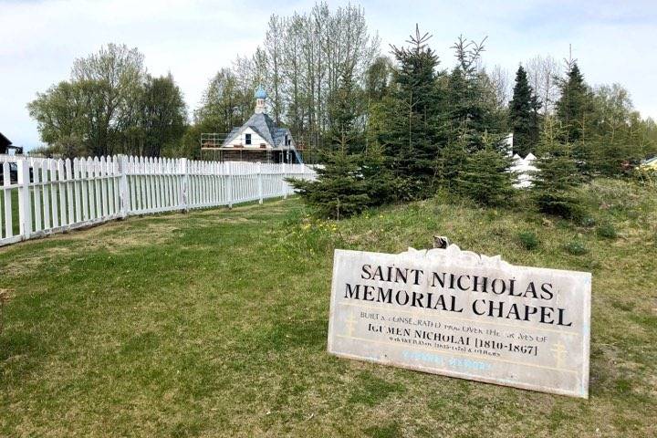 The Saint Nicholas Memorial Chapel is getting restored with a new, waterproof roof this summer, Friday, May 17, 2019, in Old Town Kenai, Alaska. (Photo by Victoria Petersen/Peninsula Clarion.