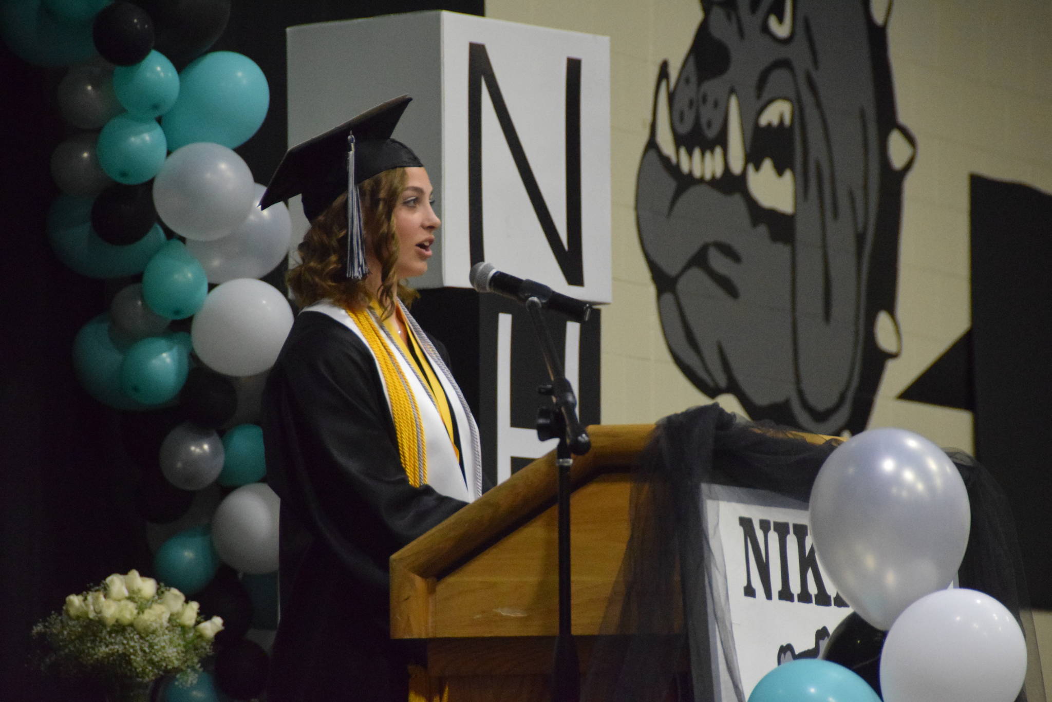 Class salutatorian Bethany Carstens gives a speech during the 2019 Nikiski High School graduation in Nikiski, Alaska on May 20, 2019. (Photo by Brian Mazurek/Peninsula Clarion)