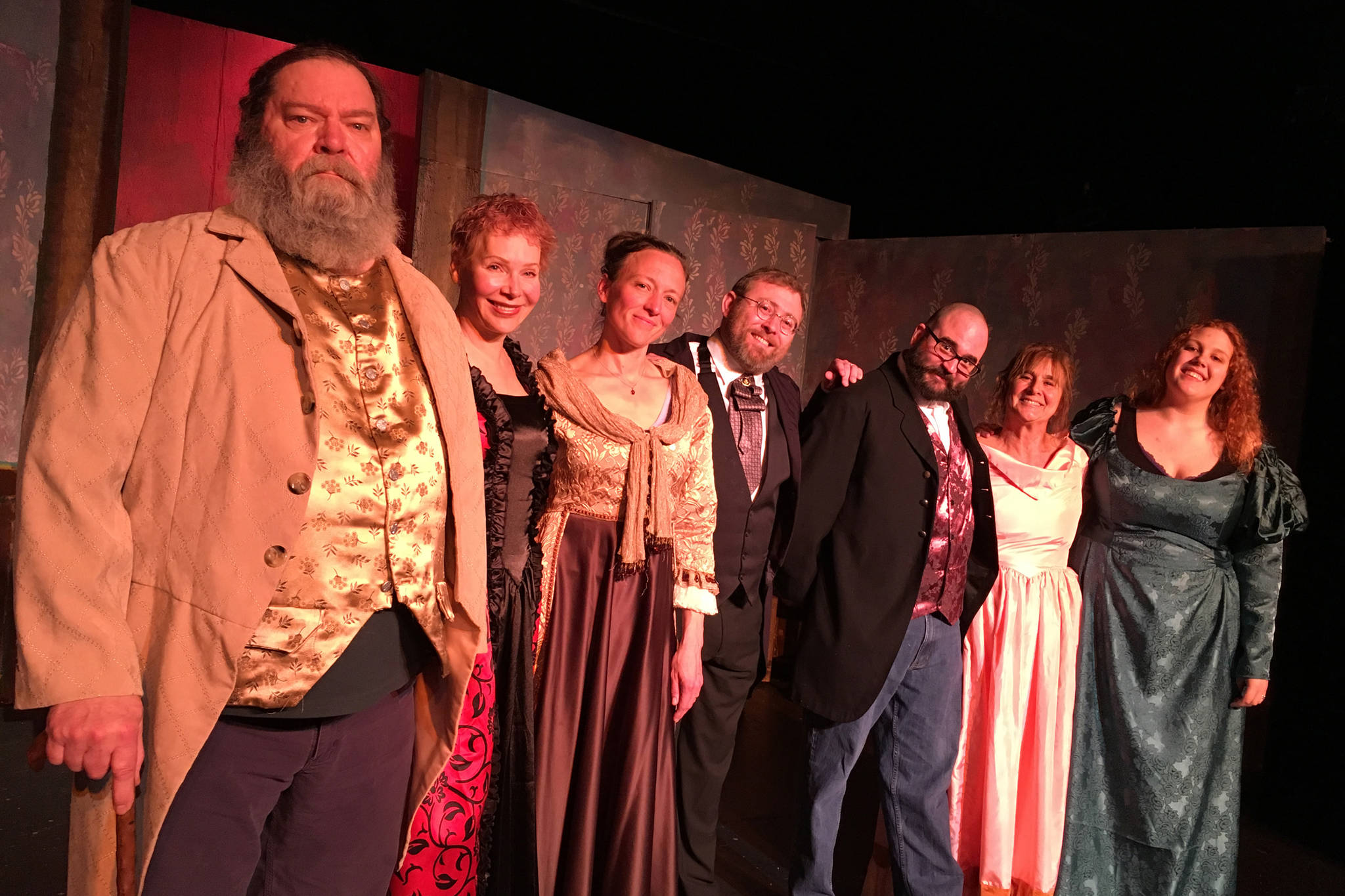 The cast of “An Ideal Husband” pose for a photo during a rehearsal on May 19, 2019, at Pier One Theatre in Homer, Alaska. (Photo provided)