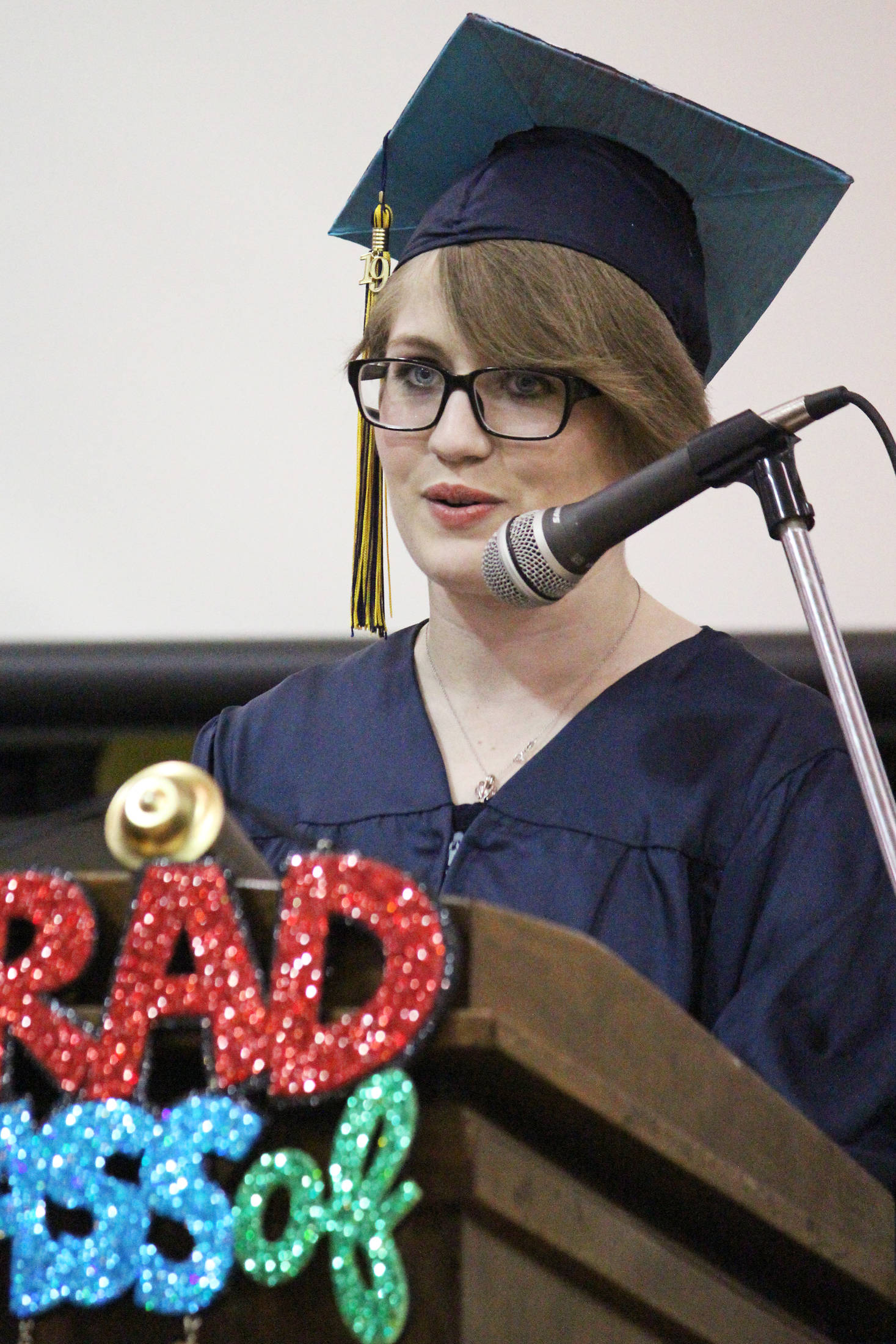 Tala Hadro gives the valedictorian speech at the Ninilchik School graduation ceremony Tuesday, May 21, 2019 at the school in Ninilchik, Alaska. (Photo by Megan Pacer/Homer News)