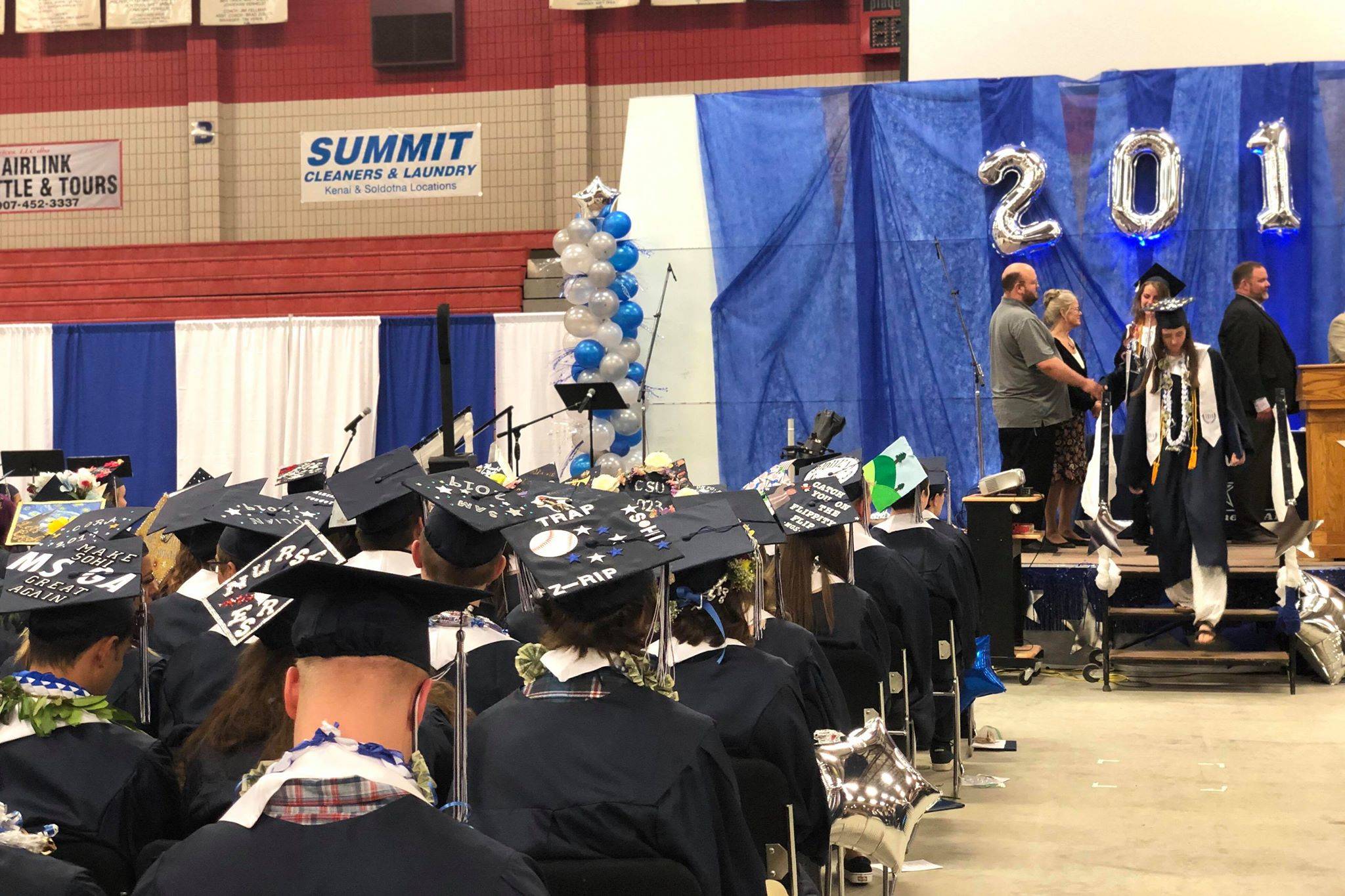 Soldotna High School graduates wait to walk across the stage at Wednesday’s ceremony May 22, 2019, in Soldotna, Alaska. (Photo by Victoria Petersen/Peninsula Clarion)