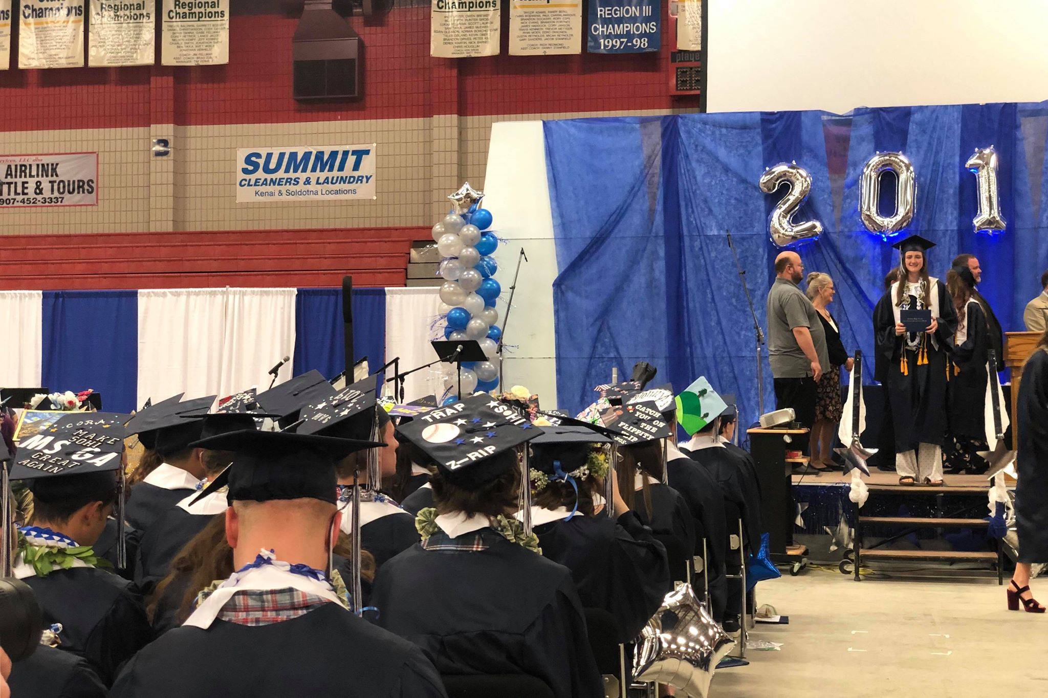 Soldotna High School graduates wait to walk across the stage at Wednesday’s ceremony May 22, 2019, in Soldotna, Alaska. (Photo by Victoria Petersen/Peninsula Clarion)