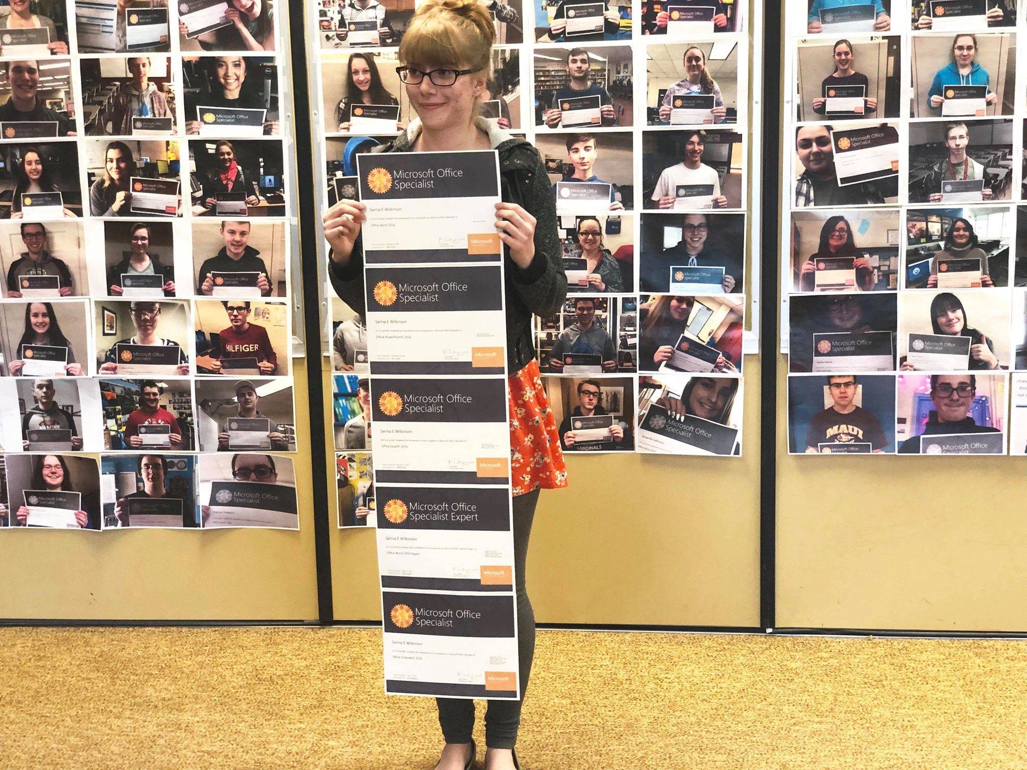 Sarina Wilkinson stands with her current Microsoft Specialist certifications, Wilkinson is currently working toward her last one on Tuesday, May 21, 2019, at Soldotna Prep School in Soldotna, Alaska.