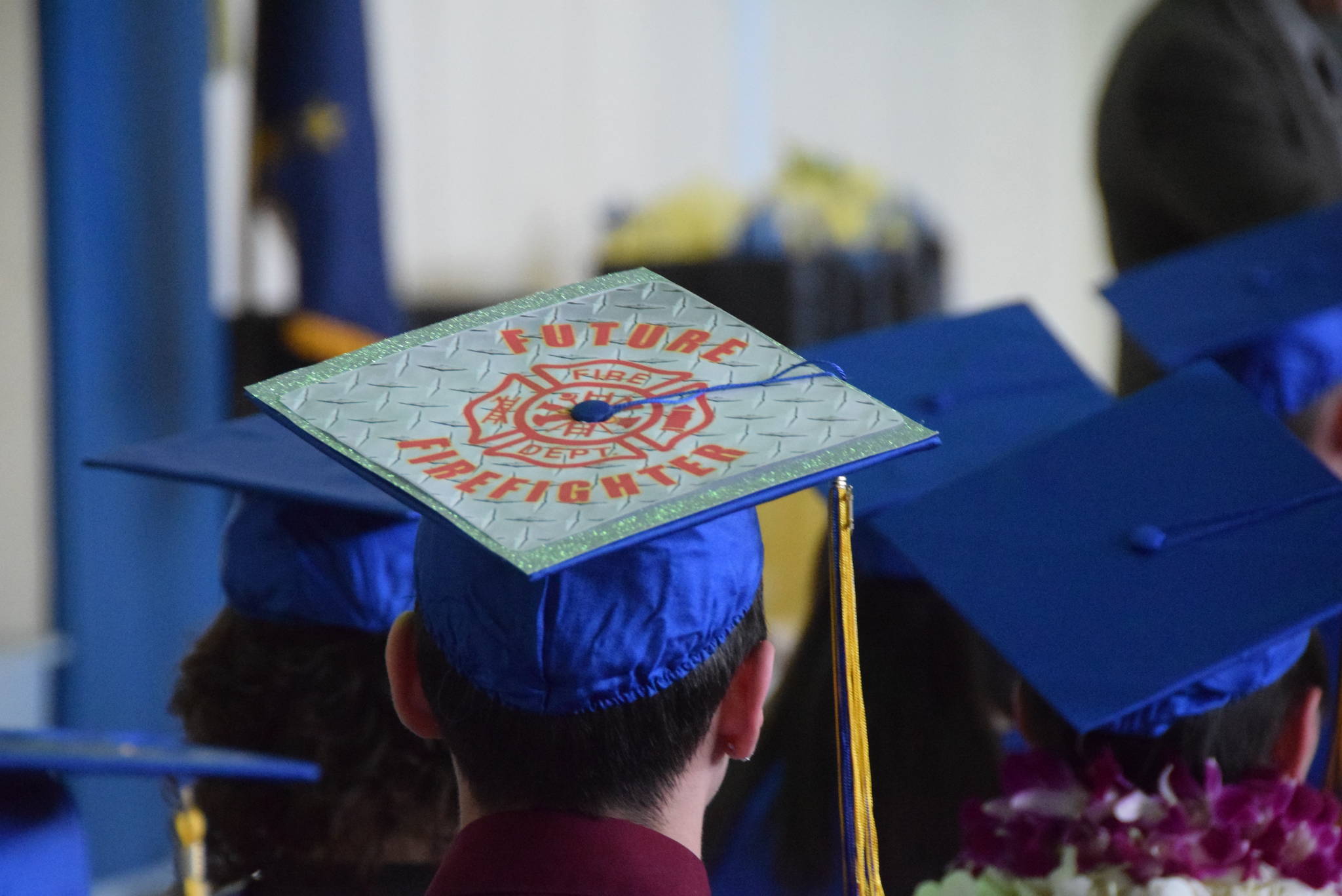 James Strianese’s custom graduation cap is seen here during the Kenai Alternative High School 2019 graduation in Kenai, Alaska on May 22, 2019. (Photo by Brian Mazurek/Peninsula Clarion)