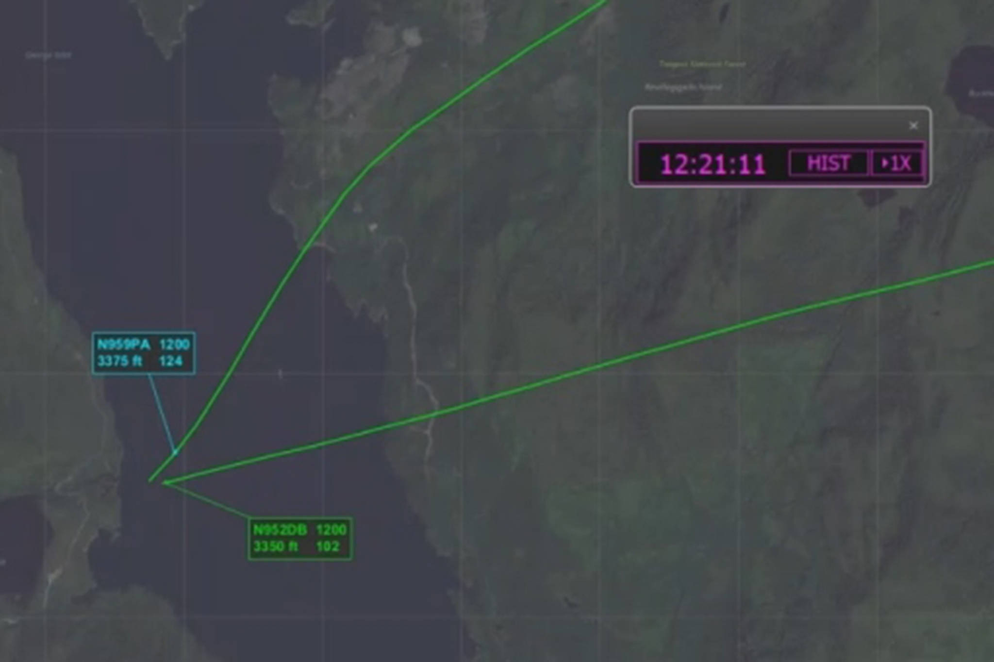 This flight map shows the paths of the two planes that crashed into each other near Ketchikan on May 13. (Courtesy photo | National Transportation Safety Board)