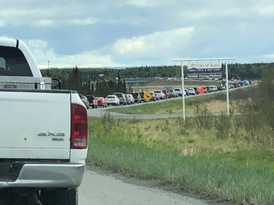 Vehicles are backed up along Bridge Access Road as construction crews work to repair bridge expansion joints on Monday, May 20, 2019 in Kenai, Alaska. (Photo courtesy Doug Munn)