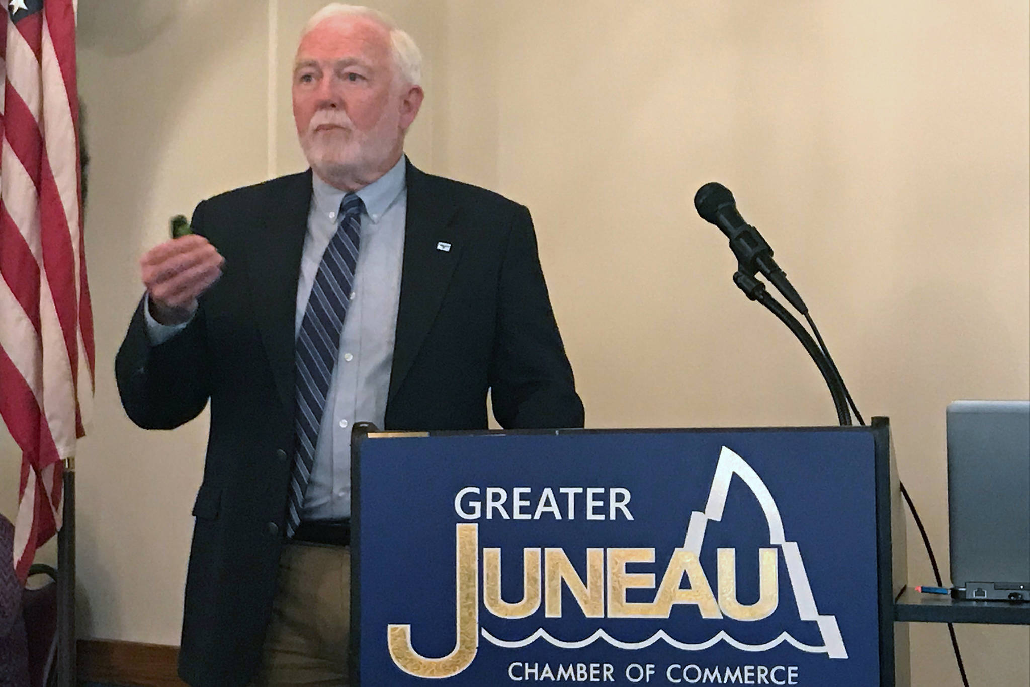 University of Alaska Southeast Chancellor Rick Caulfield speaks at the Juneau Chamber of Commerce luncheon at the Moose Lodge on Thursday, May 30, 2019. (Alex McCarthy | Juneau Empire)