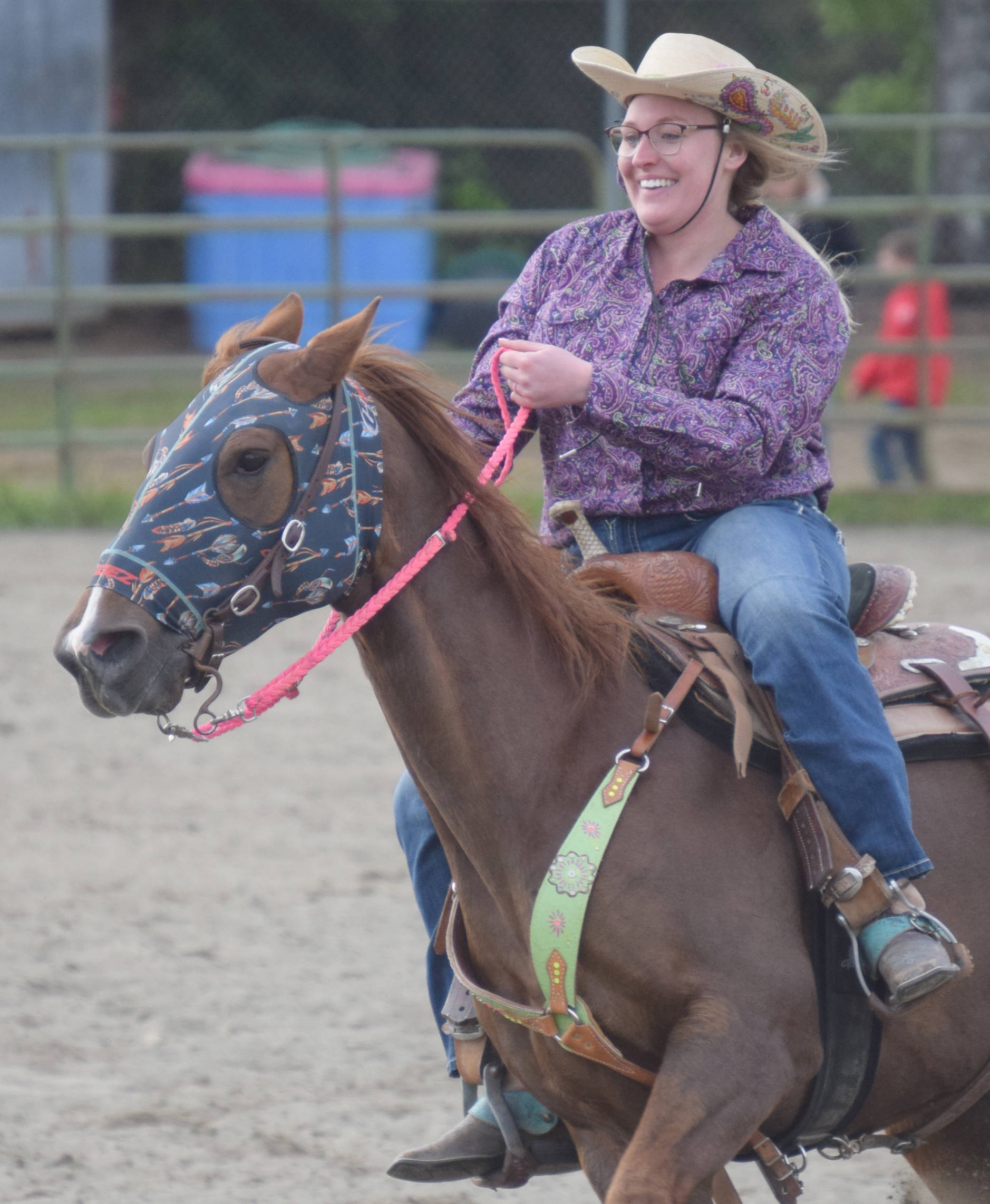 Taylor Kishbaugh competes in a jackpot race of the Last Frontier Barrel Racers on Friday, May 31, 2019, at the Soldotna Rodeo Grounds in Soldotna, Alaska. (Photo by Jeff Helminiak/Peninsula Clarion)