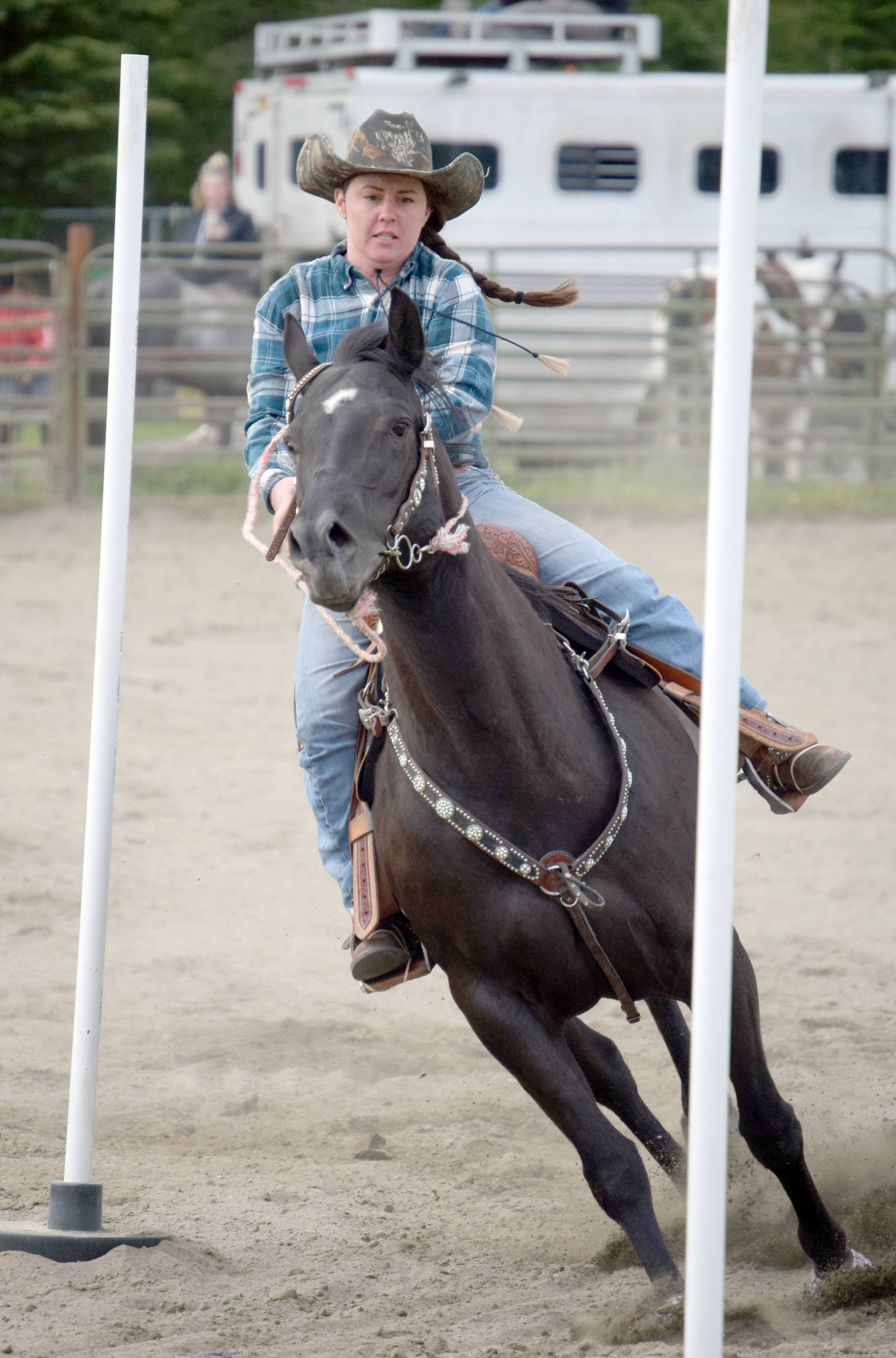 Ciarra McKenzie competes in a jackpot race of the Last Frontier Barrel Racers on Friday, May 31, 2019, at the Soldotna Rodeo Grounds in Soldotna, Alaska. (Photo by Jeff Helminiak/Peninsula Clarion)